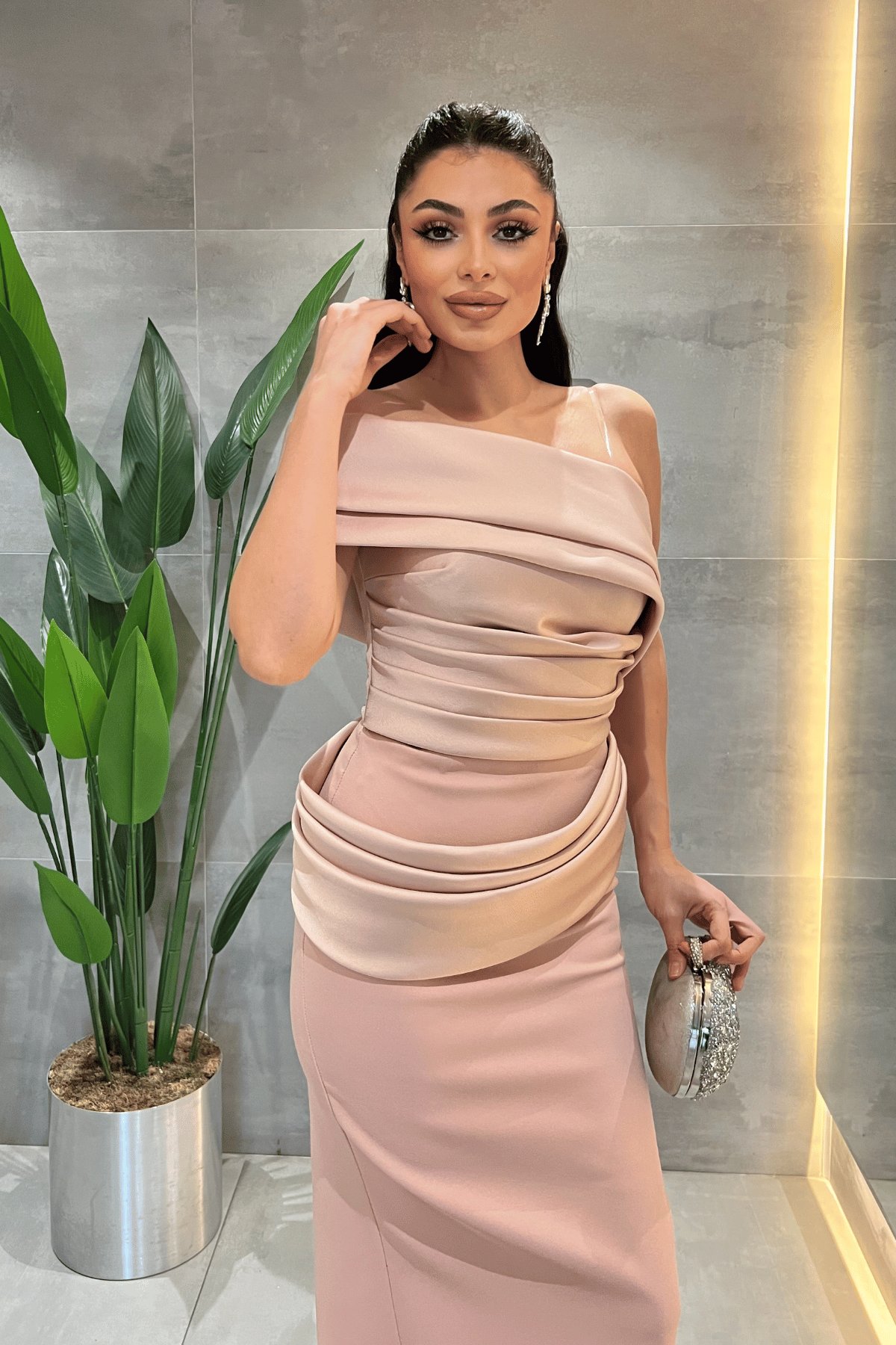 Double Kumaş Tek Kol Kalem Elbise - PUDRA