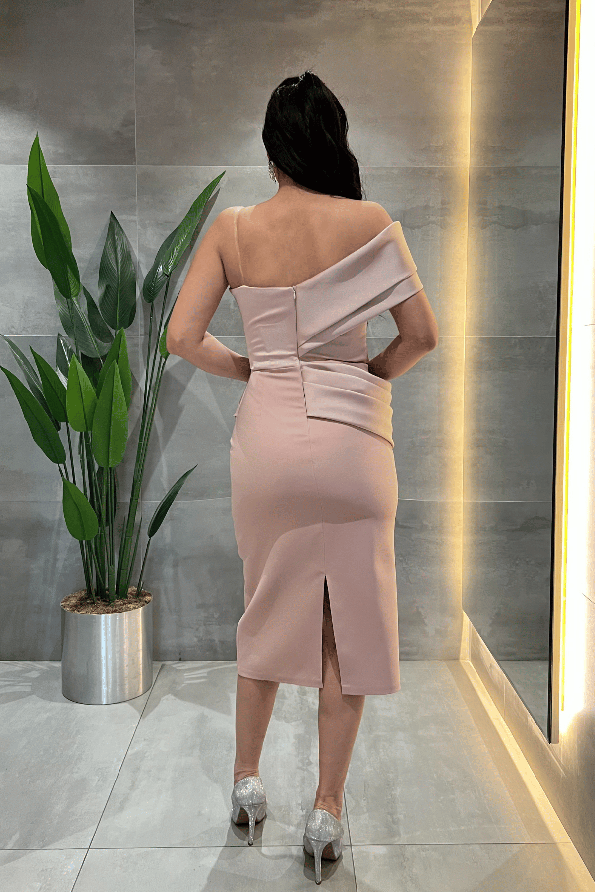 Double Kumaş Tek Kol Kalem Elbise - PUDRA