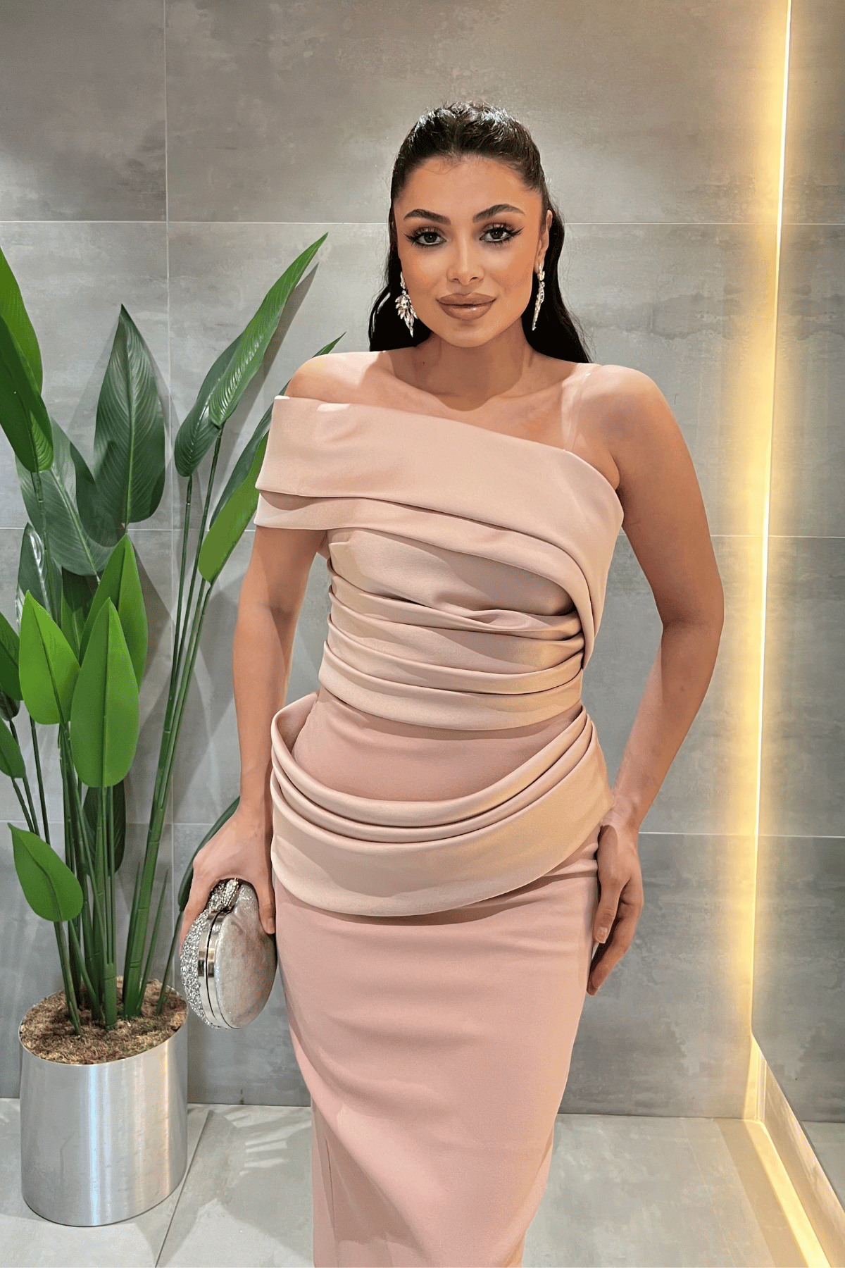 Double Kumaş Tek Kol Kalem Elbise - PUDRA