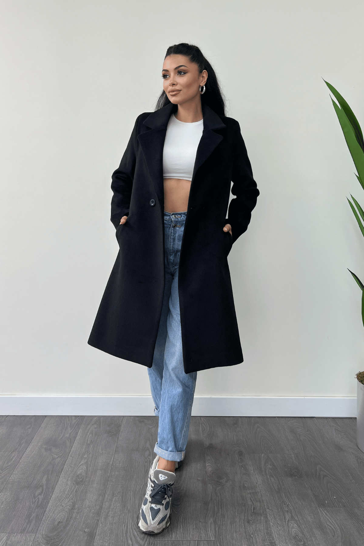 Düğme Detaylı Kaşe Kaban - SİYAH