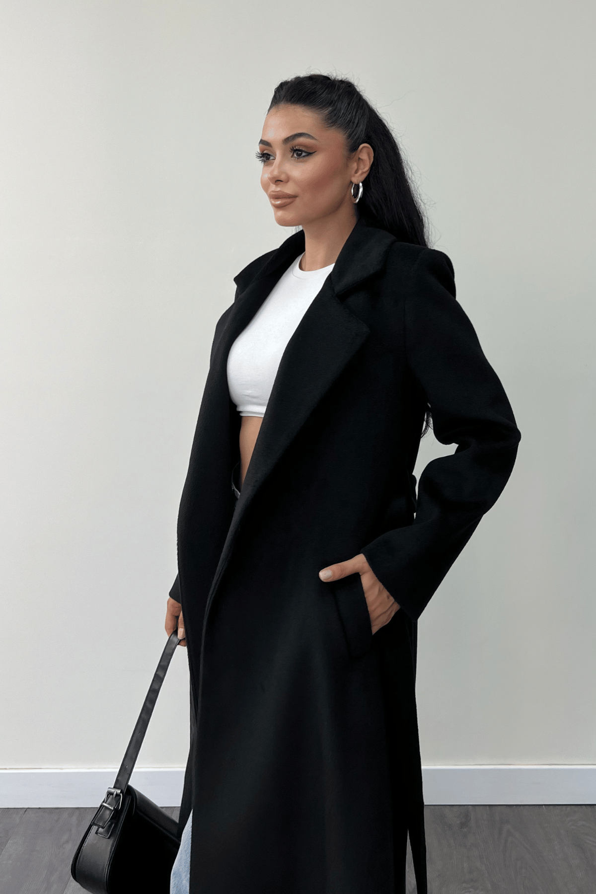 Düğme Detaylı Kaşe Kaban - SİYAH