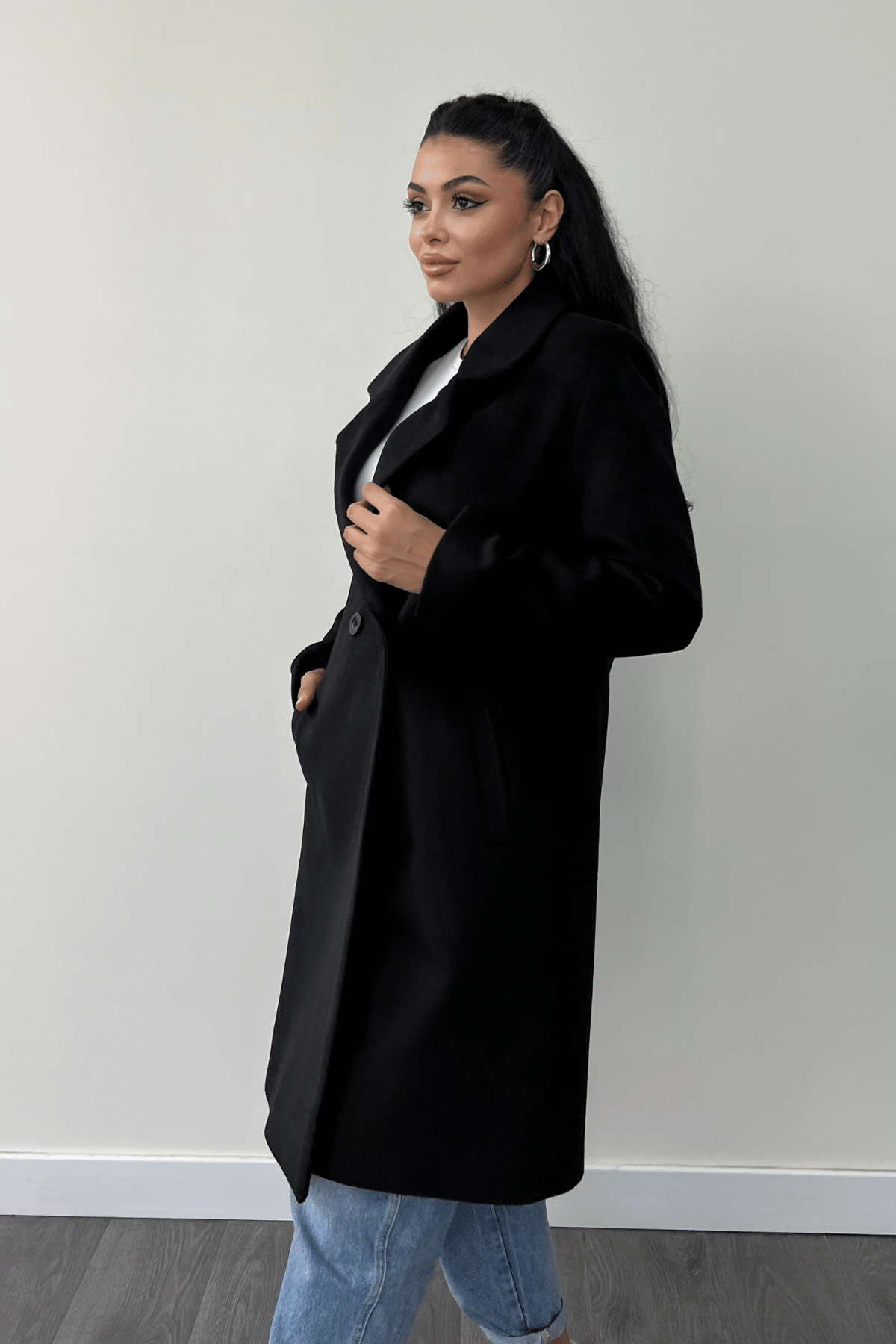 Düğme Detaylı Kaşe Kaban - SİYAH