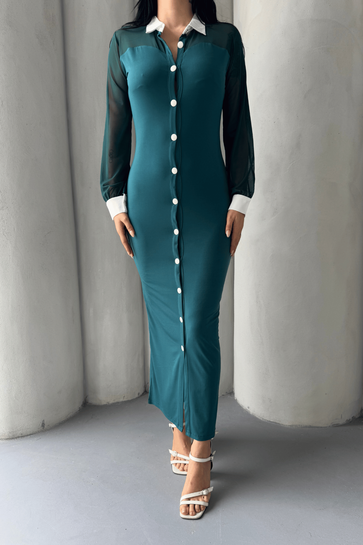 Düğme Detaylı Tül Elbise - ZÜMRÜT YEŞİL