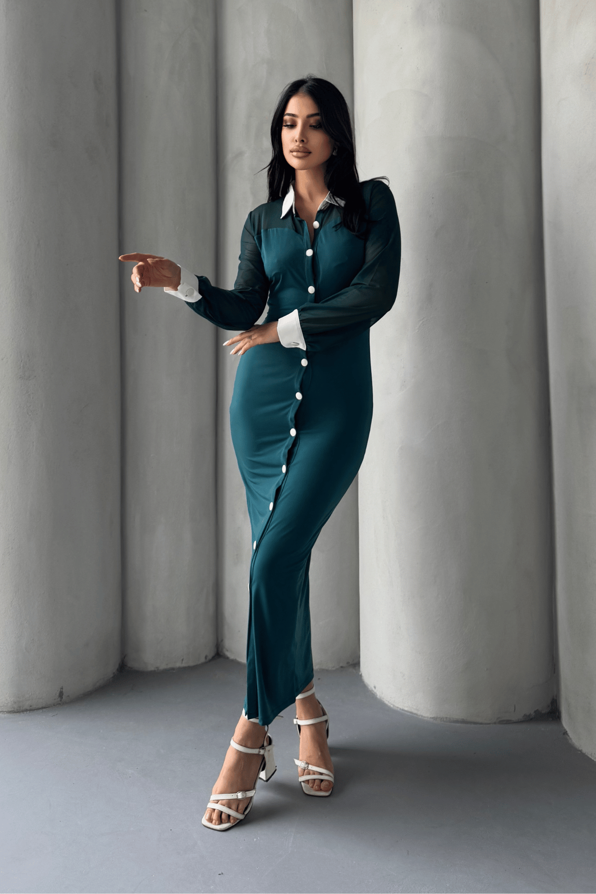 Düğme Detaylı Tül Elbise - ZÜMRÜT YEŞİL