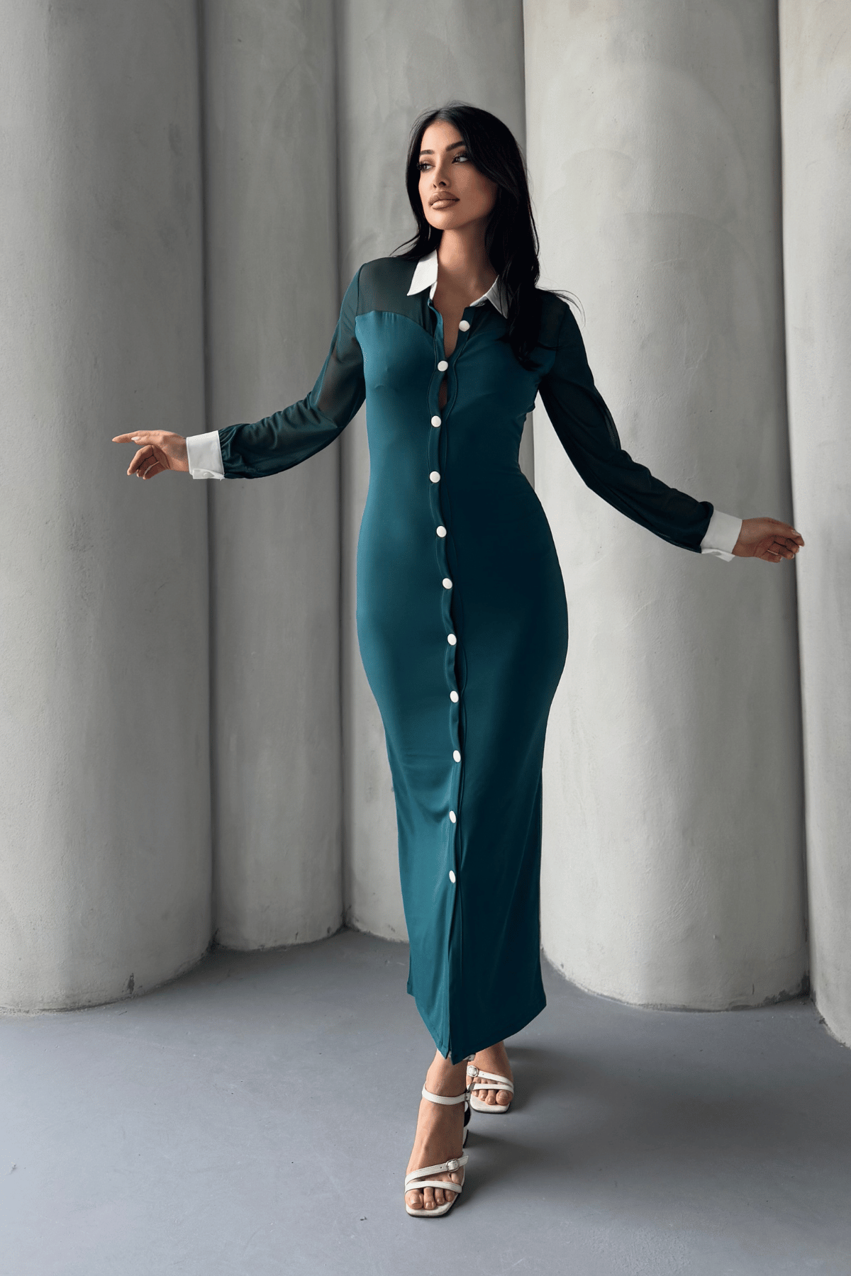 Düğme Detaylı Tül Elbise - ZÜMRÜT YEŞİL