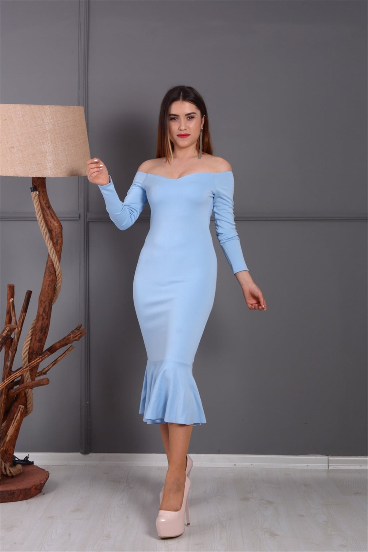 Eteği Volanlı Elbise - Buz Mavi