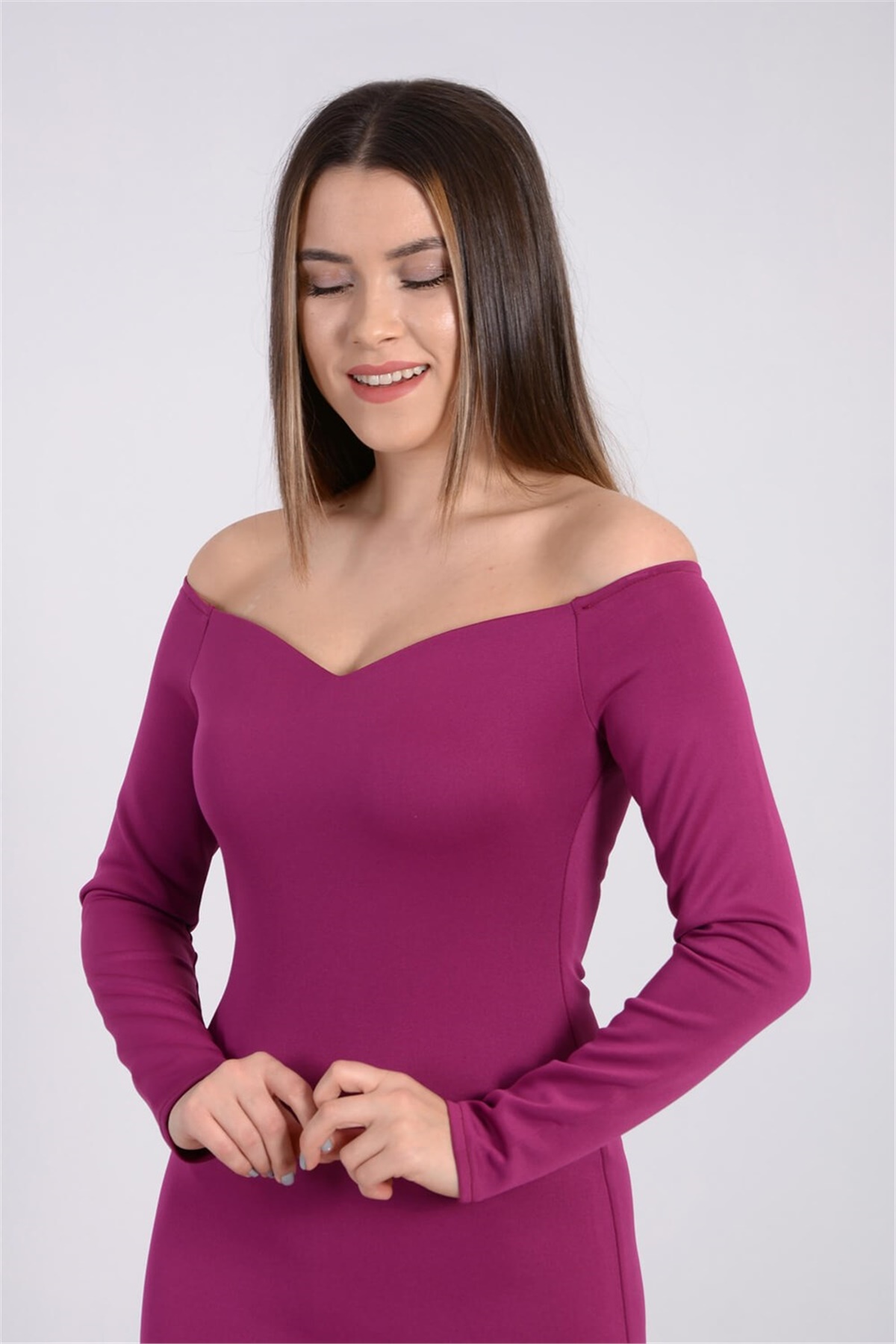 Eteği Volanlı Elbise - Mürdüm
