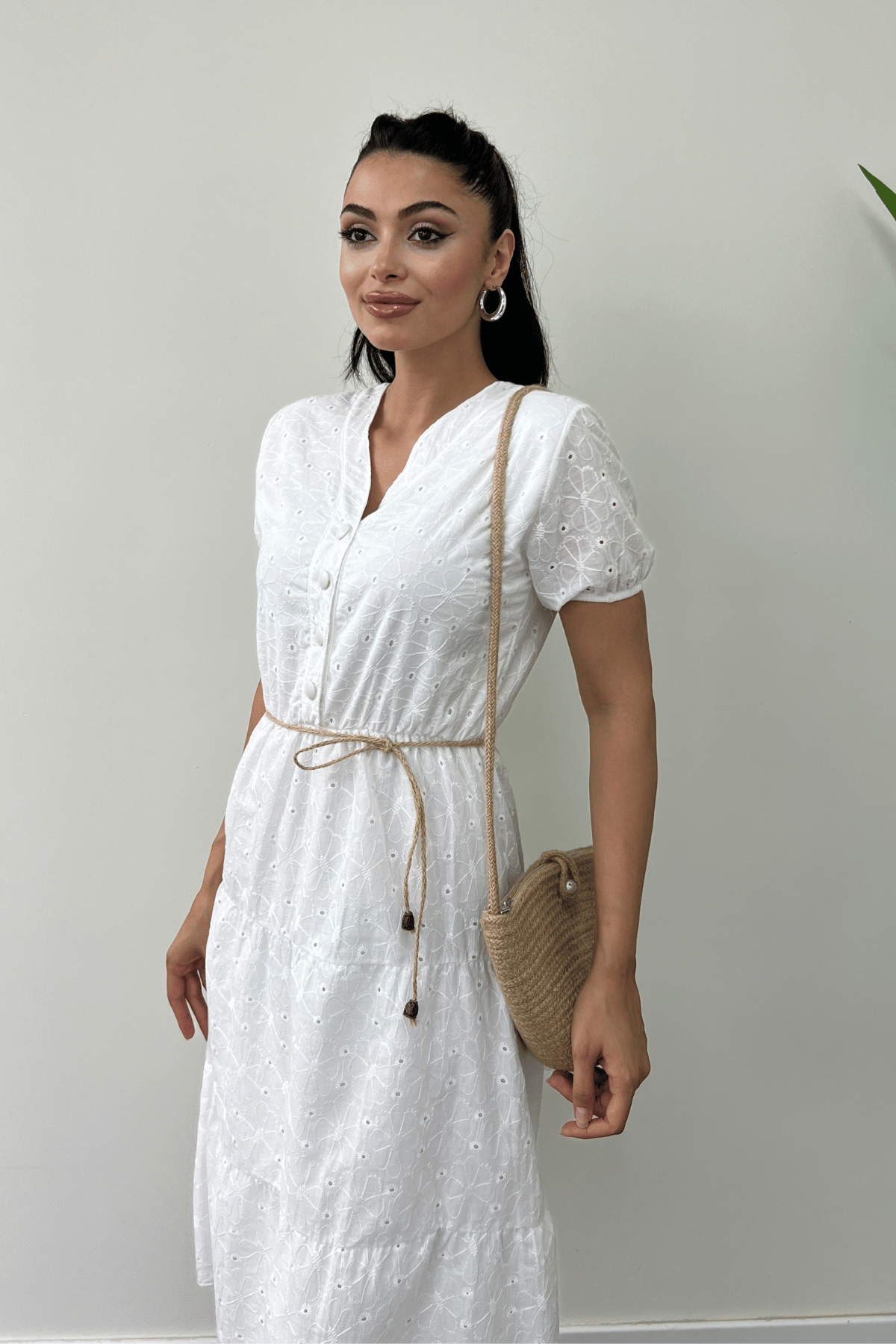 Fisto Kumaş Düğme Detaylı Mini Elbise - BEYAZ