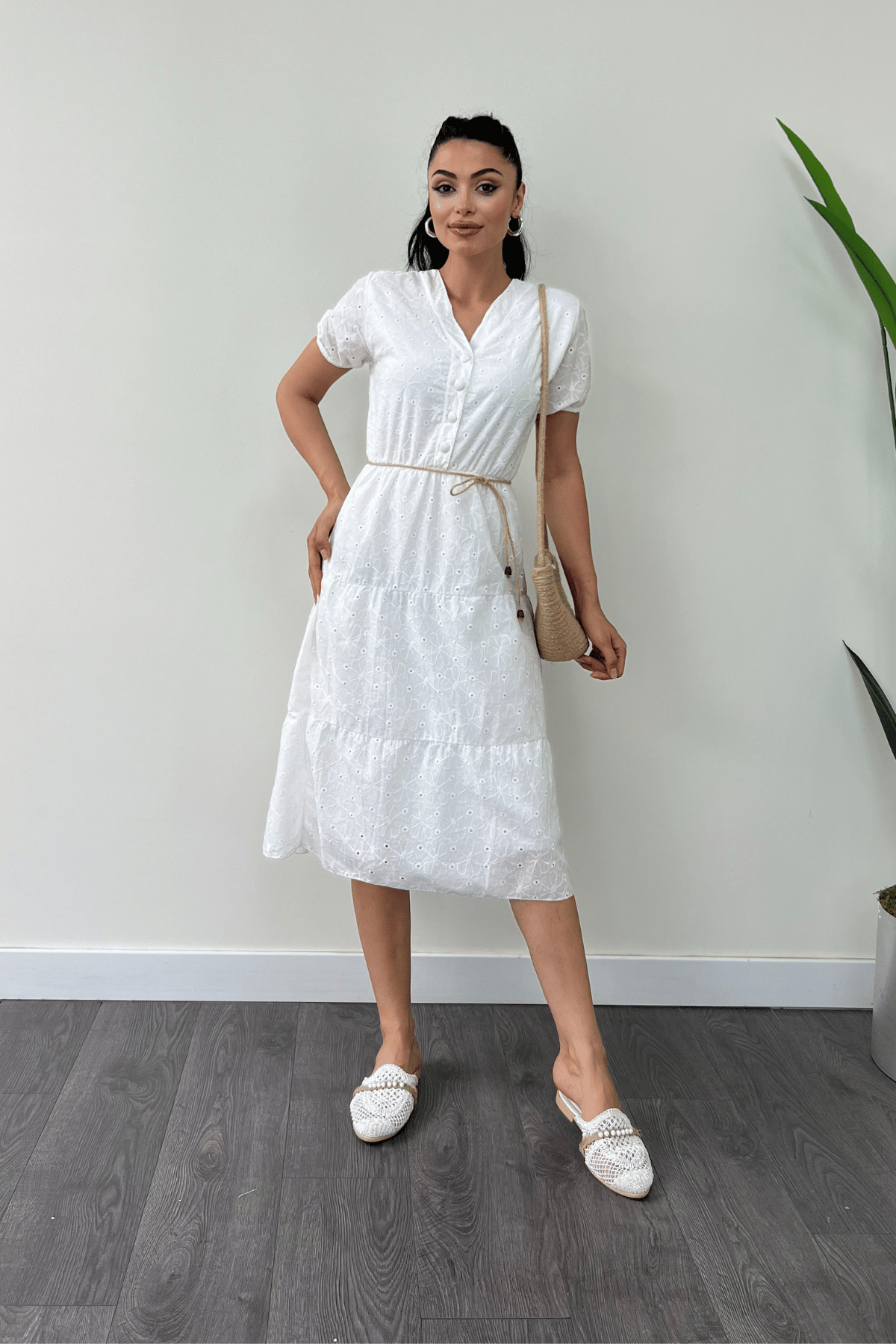 Fisto Kumaş Düğme Detaylı Mini Elbise - BEYAZ