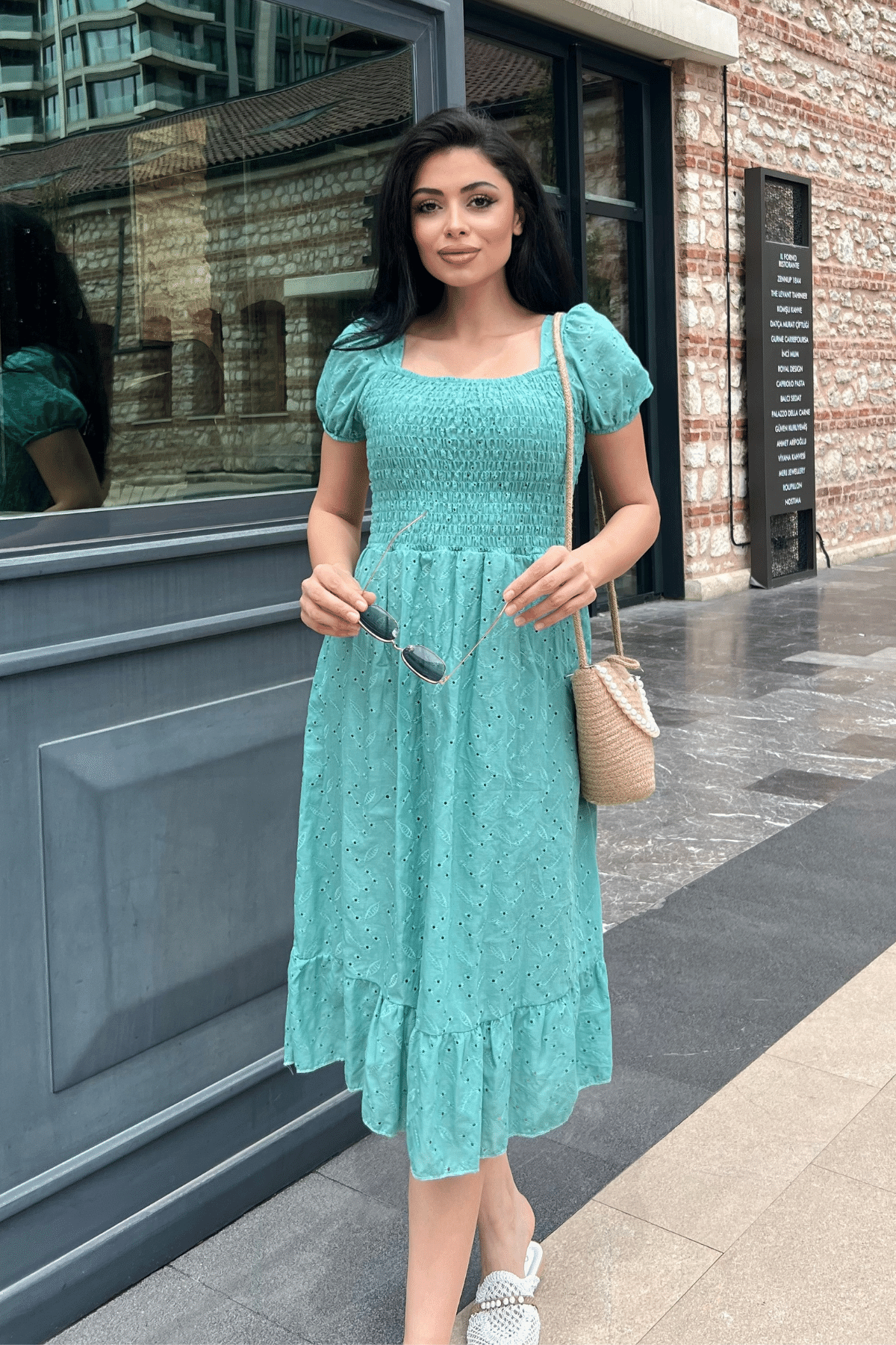 Fisto Kumaş Göğüs Lastik Büzgülü Midi Elbise - SU YEŞİLİ