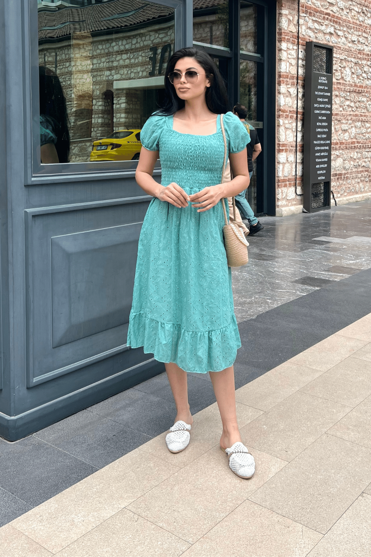 Fisto Kumaş Göğüs Lastik Büzgülü Midi Elbise - SU YEŞİLİ