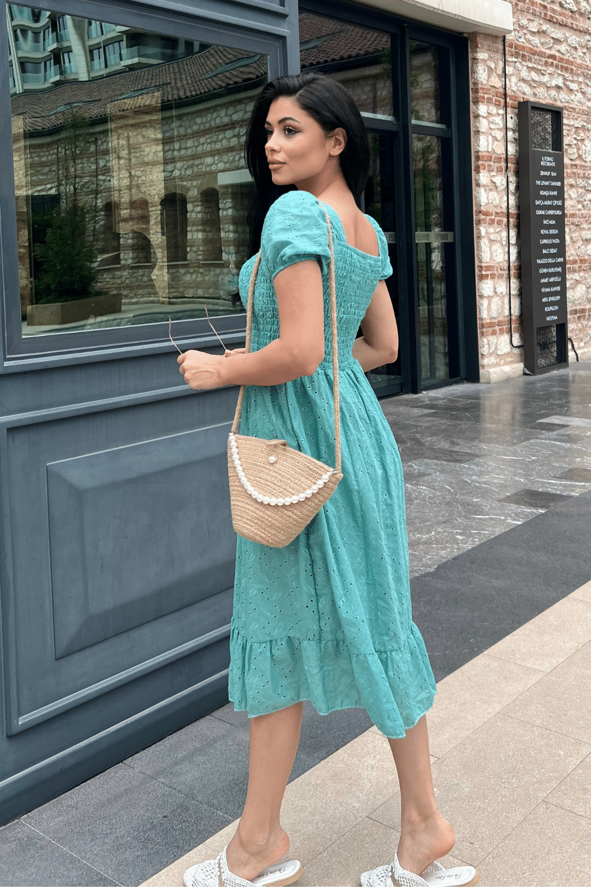 Fisto Kumaş Göğüs Lastik Büzgülü Midi Elbise - SU YEŞİLİ