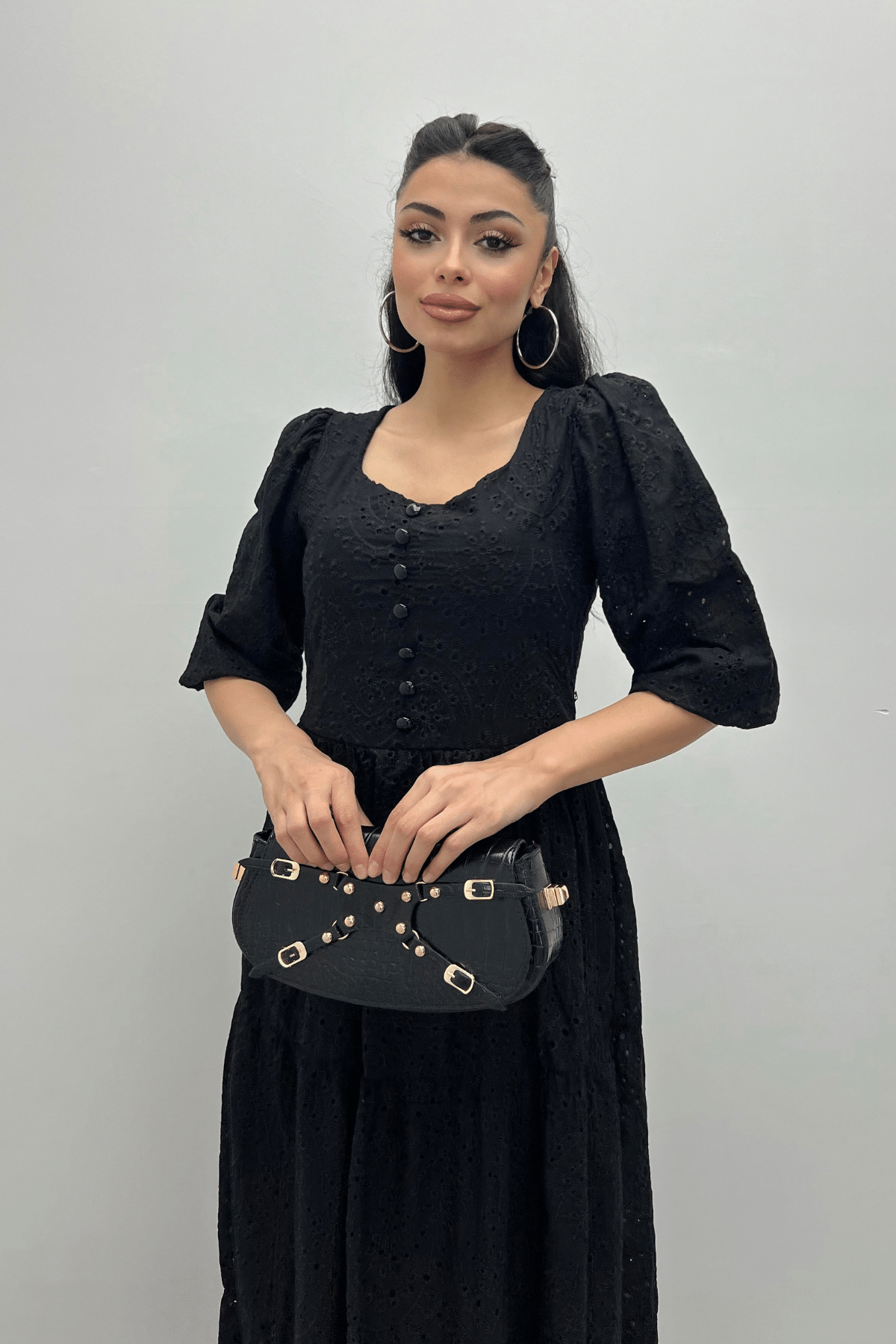 Fisto Kumaş Kare Yaka Düğme Detaylı Elbise - SİYAH