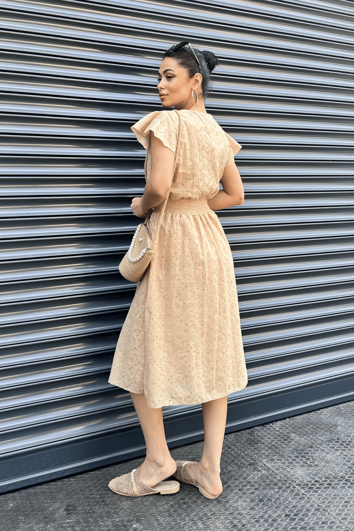 Fisto Kumaş Kruvaze Yaka Elbise - KREM