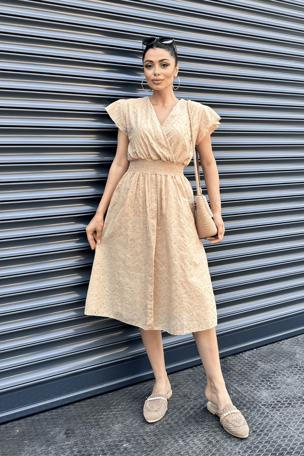 Fisto Kumaş Kruvaze Yaka Elbise - KREM