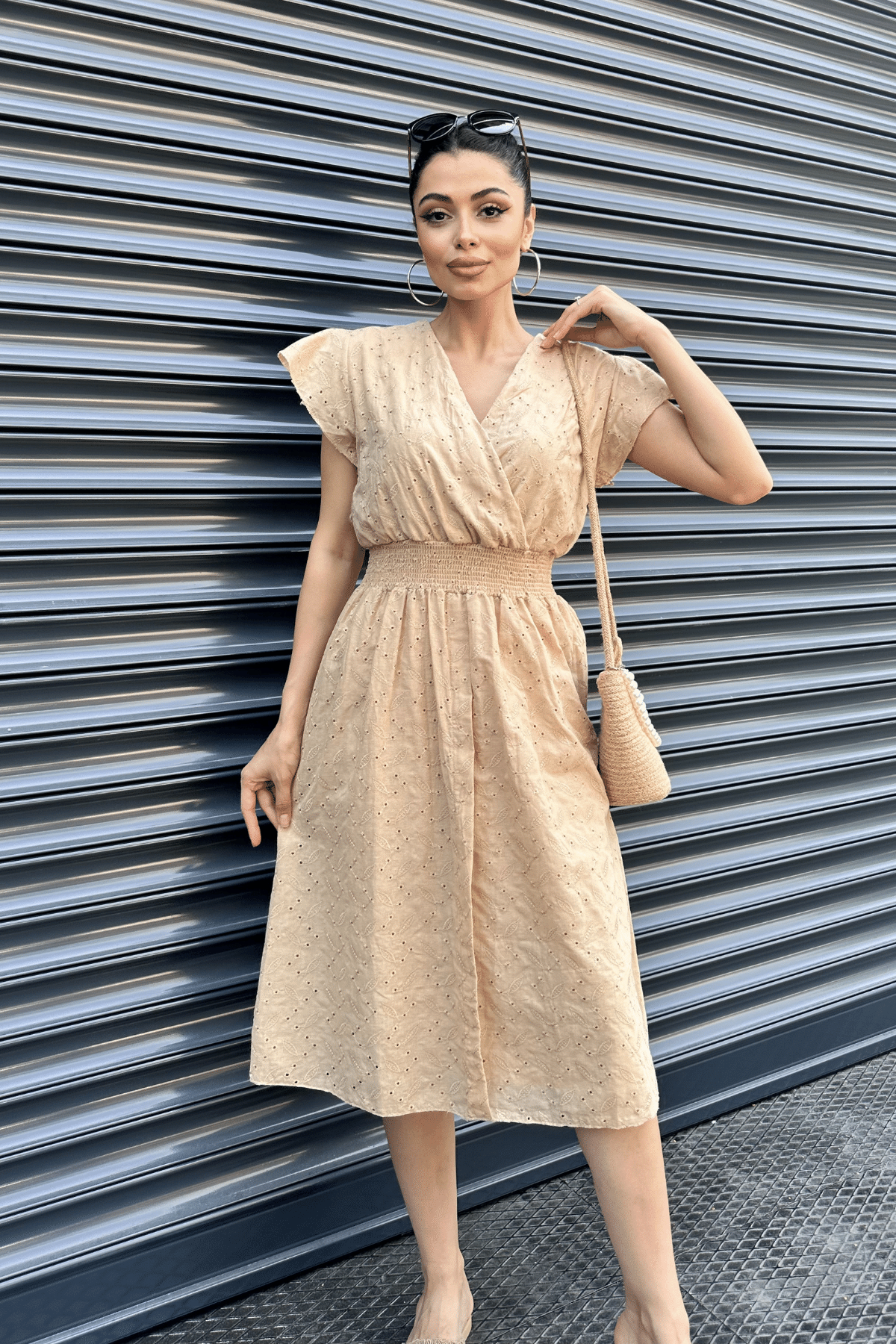 Fisto Kumaş Kruvaze Yaka Elbise - KREM