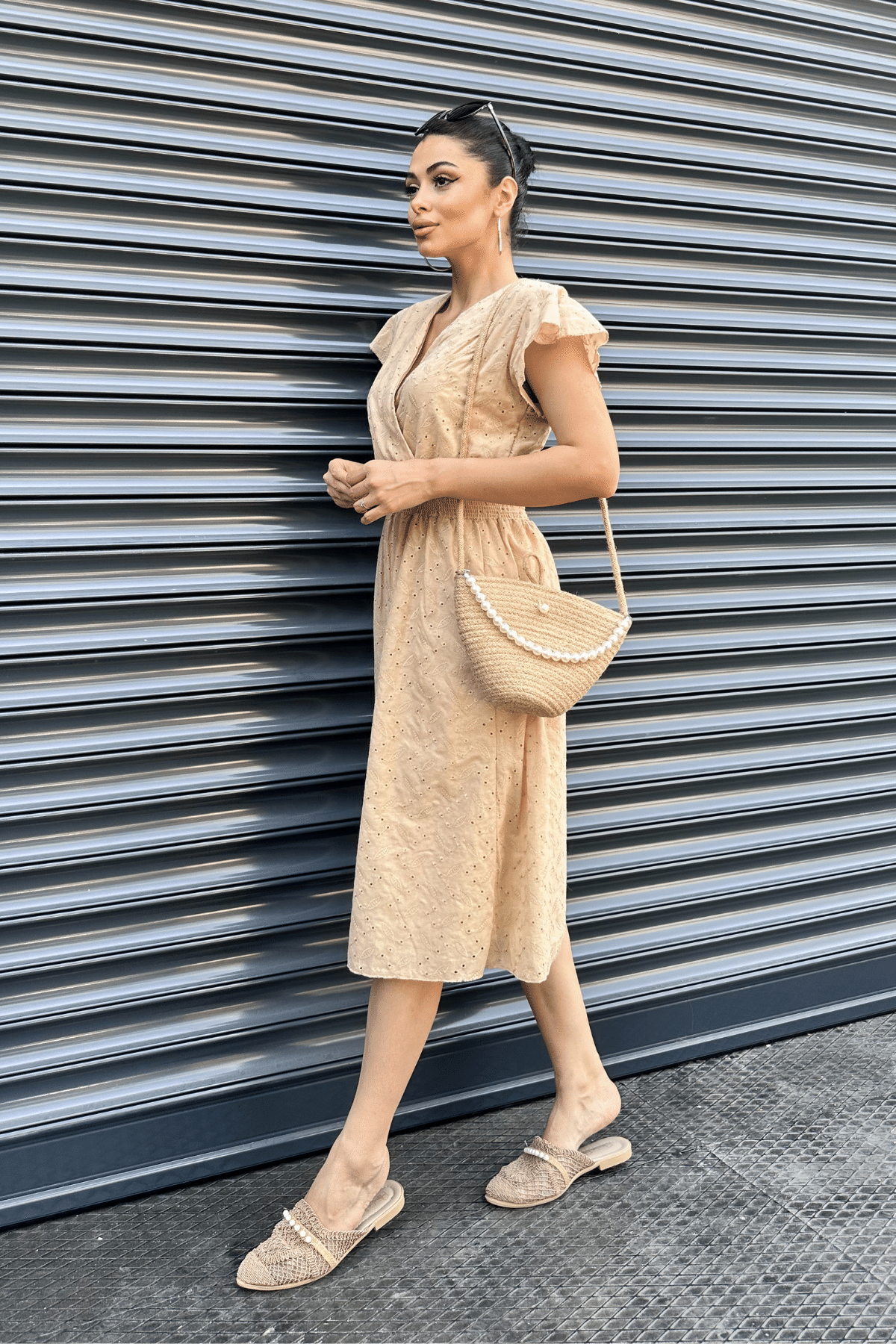 Fisto Kumaş Kruvaze Yaka Elbise - KREM