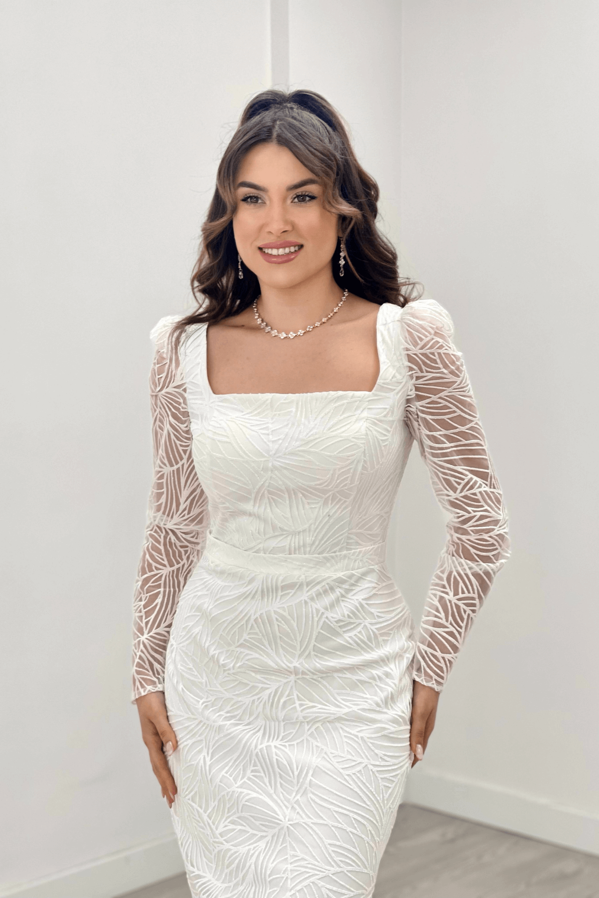 Flog Baskı Kare Yaka Kalem Elbise - BEYAZ