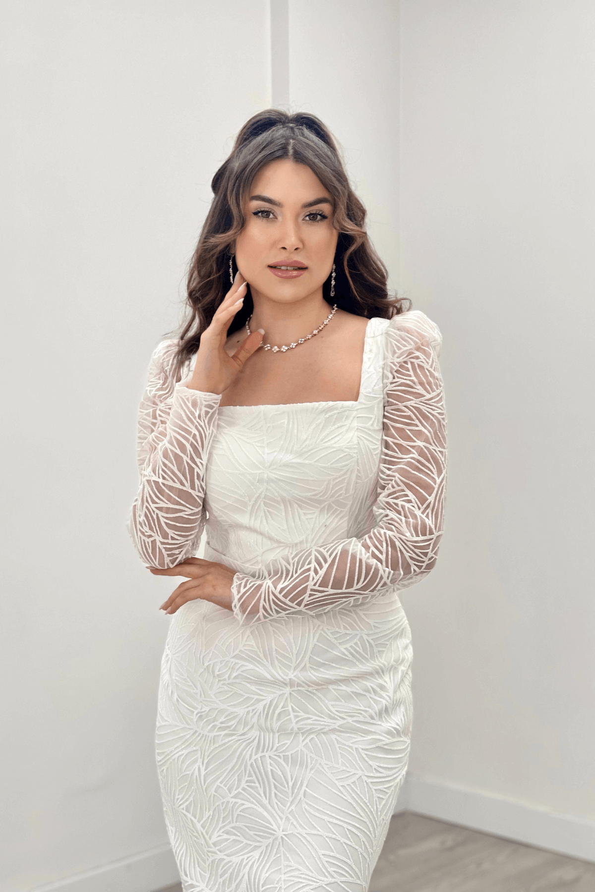 Flog Baskı Kare Yaka Kalem Elbise - BEYAZ