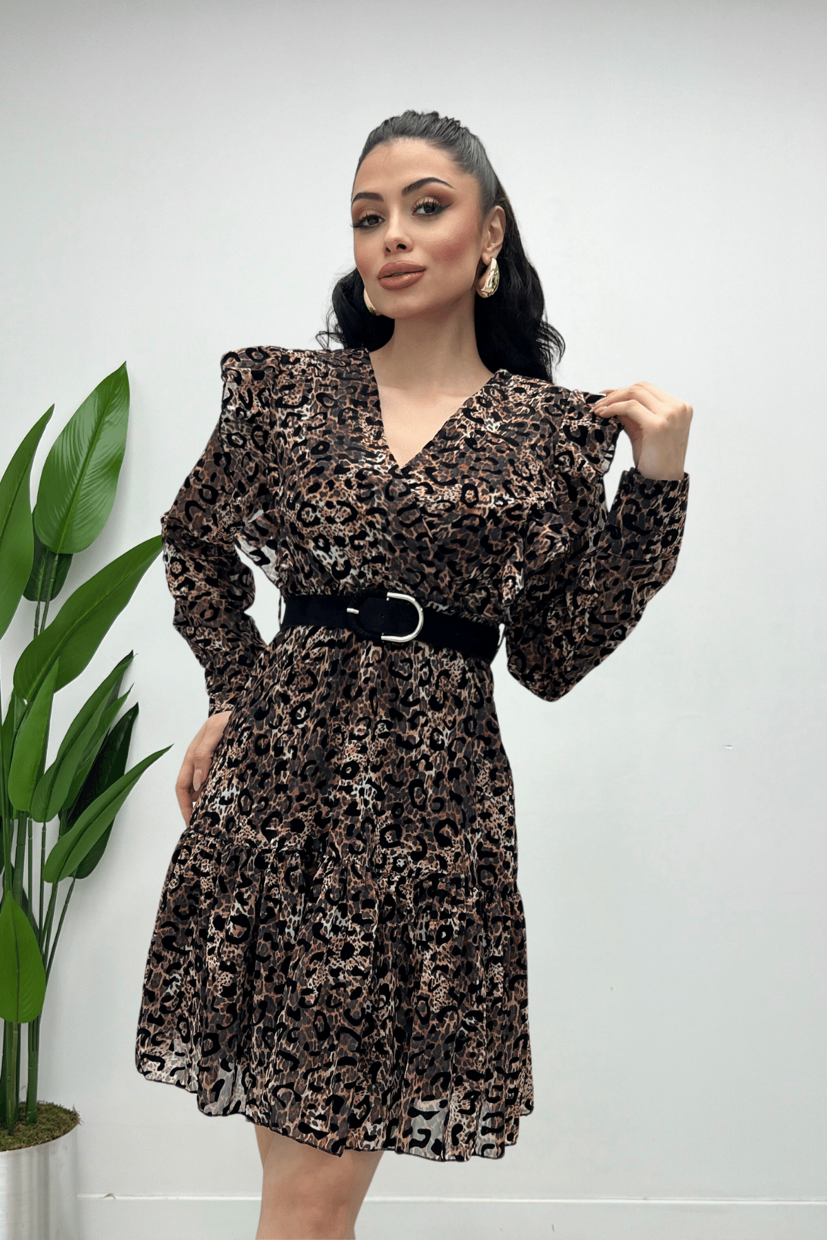 Flog Baskı Kumaş Leopar Elbise - KAHVERENGİ
