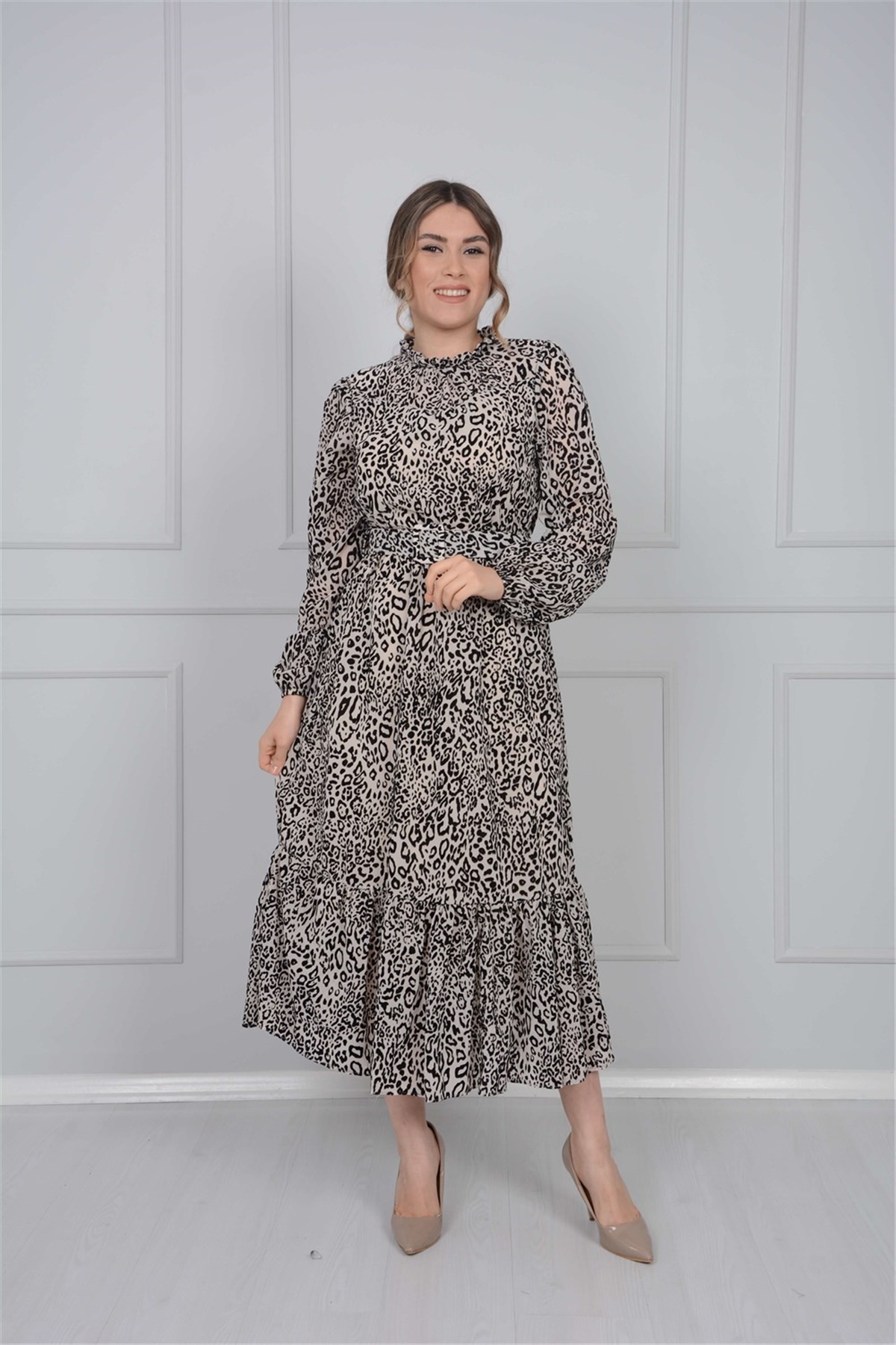 Flog Baskılı Elbise - Siyah