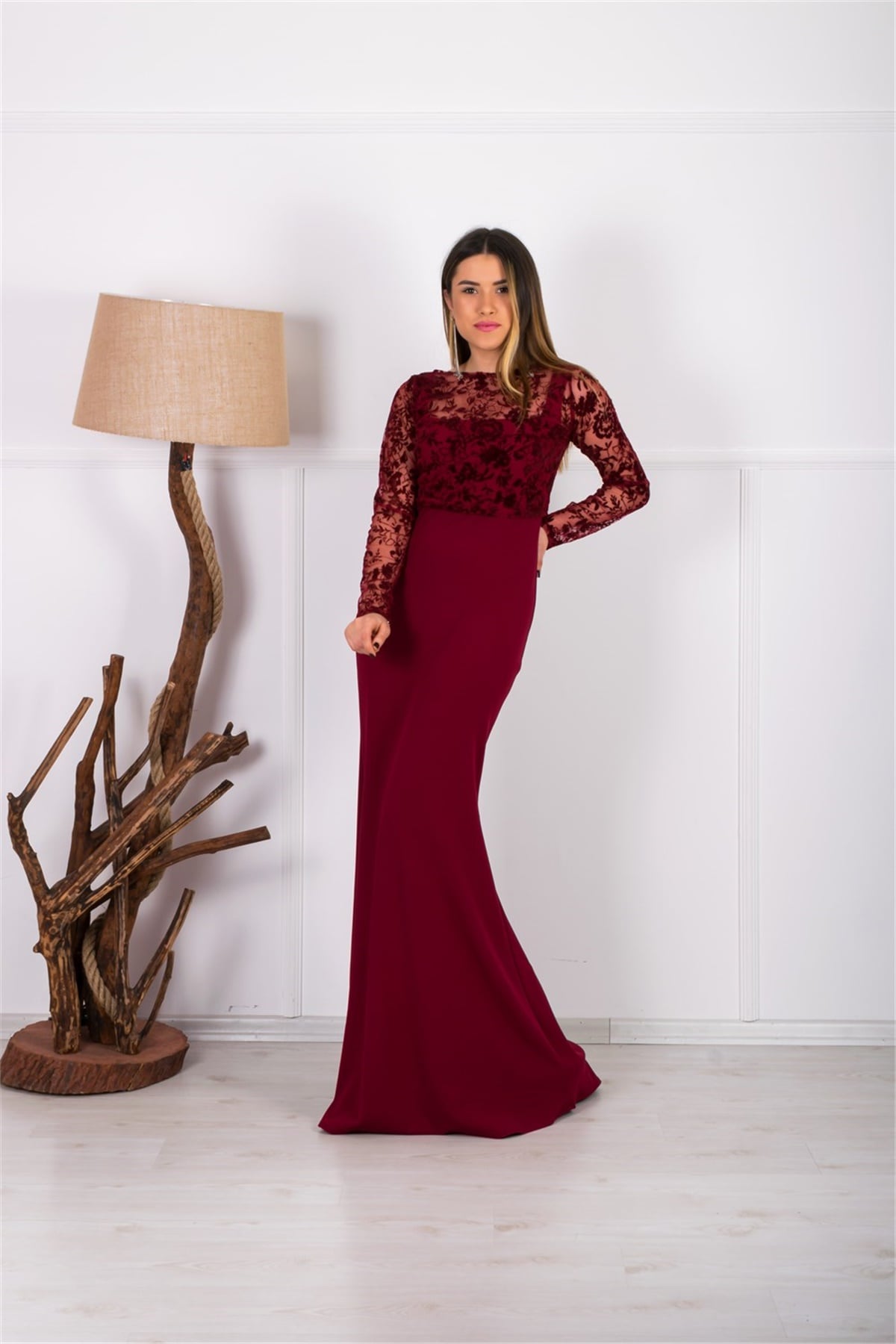 Flok Baskı Büstiyerli Abiye Elbise - Bordo