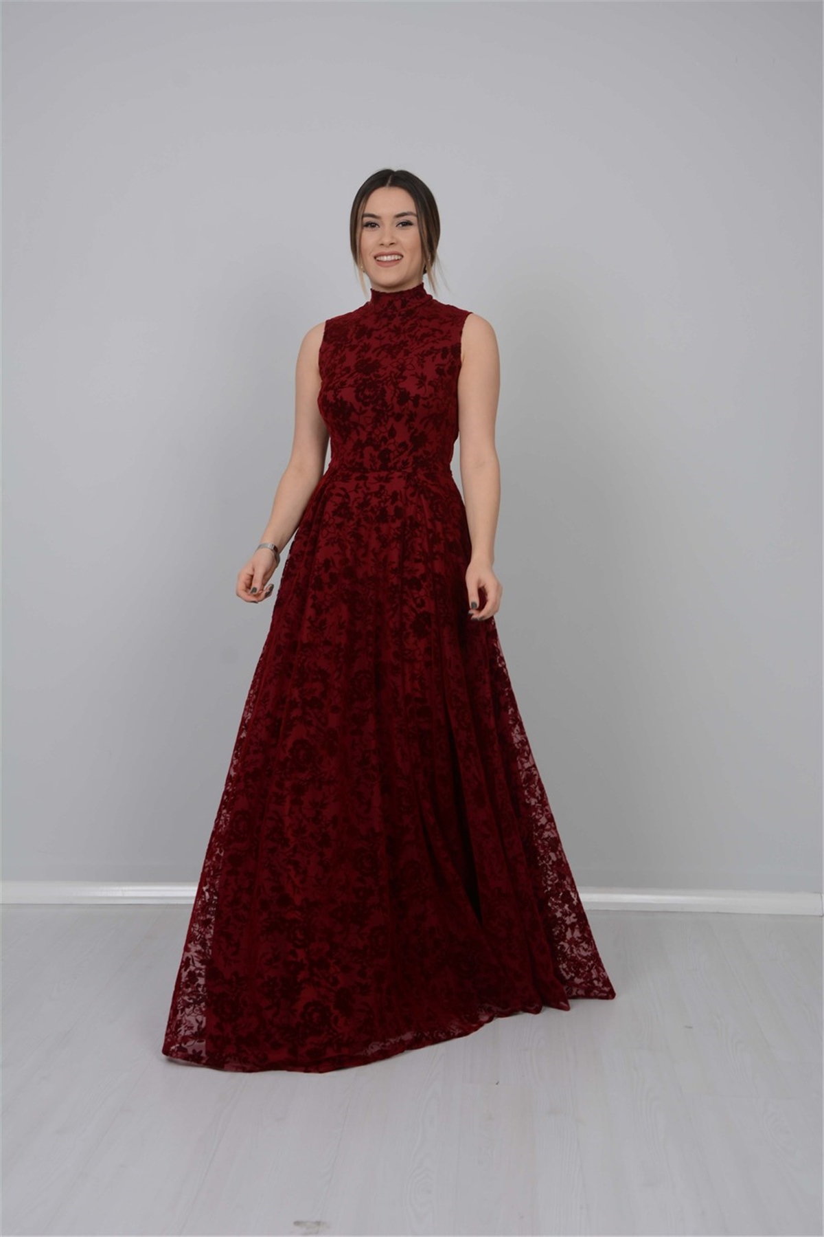 Flok Baskı Dantel Abiye Elbise - Bordo