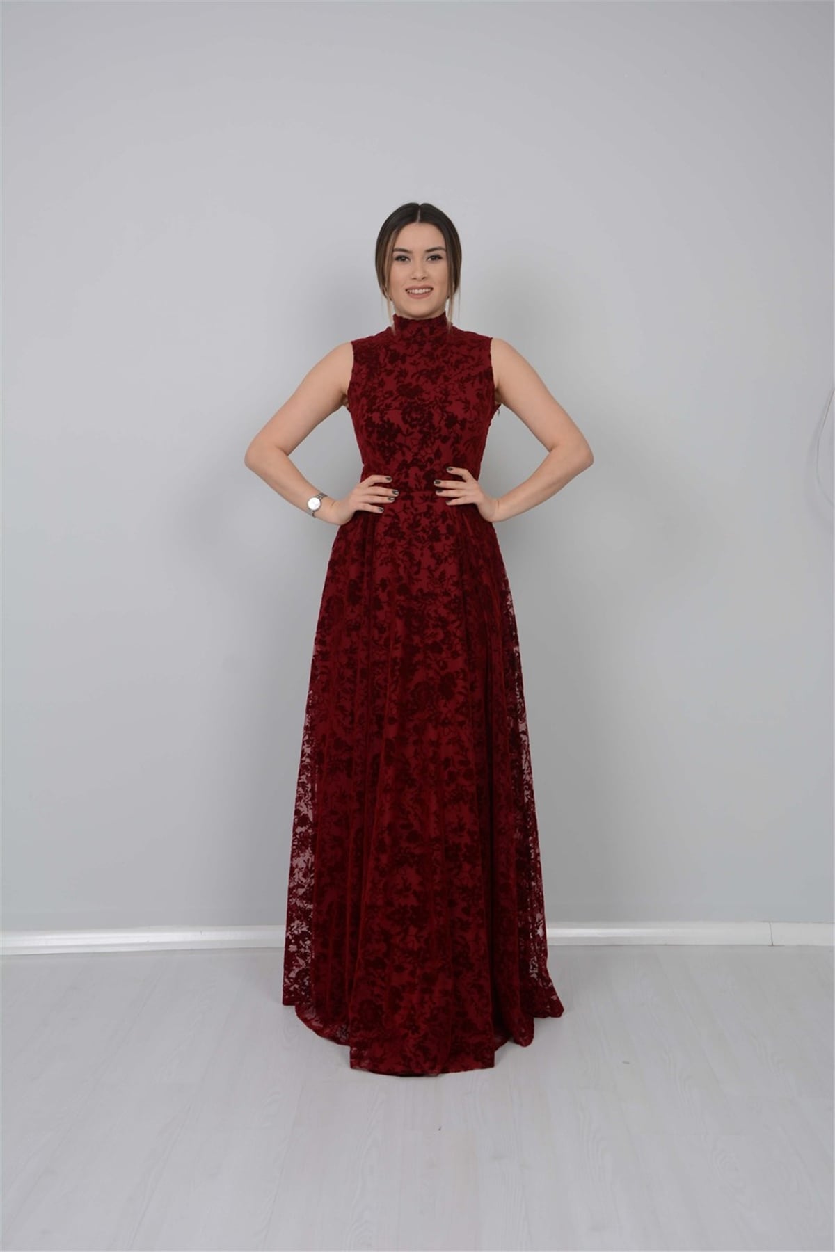 Flok Baskı Dantel Abiye Elbise - Bordo