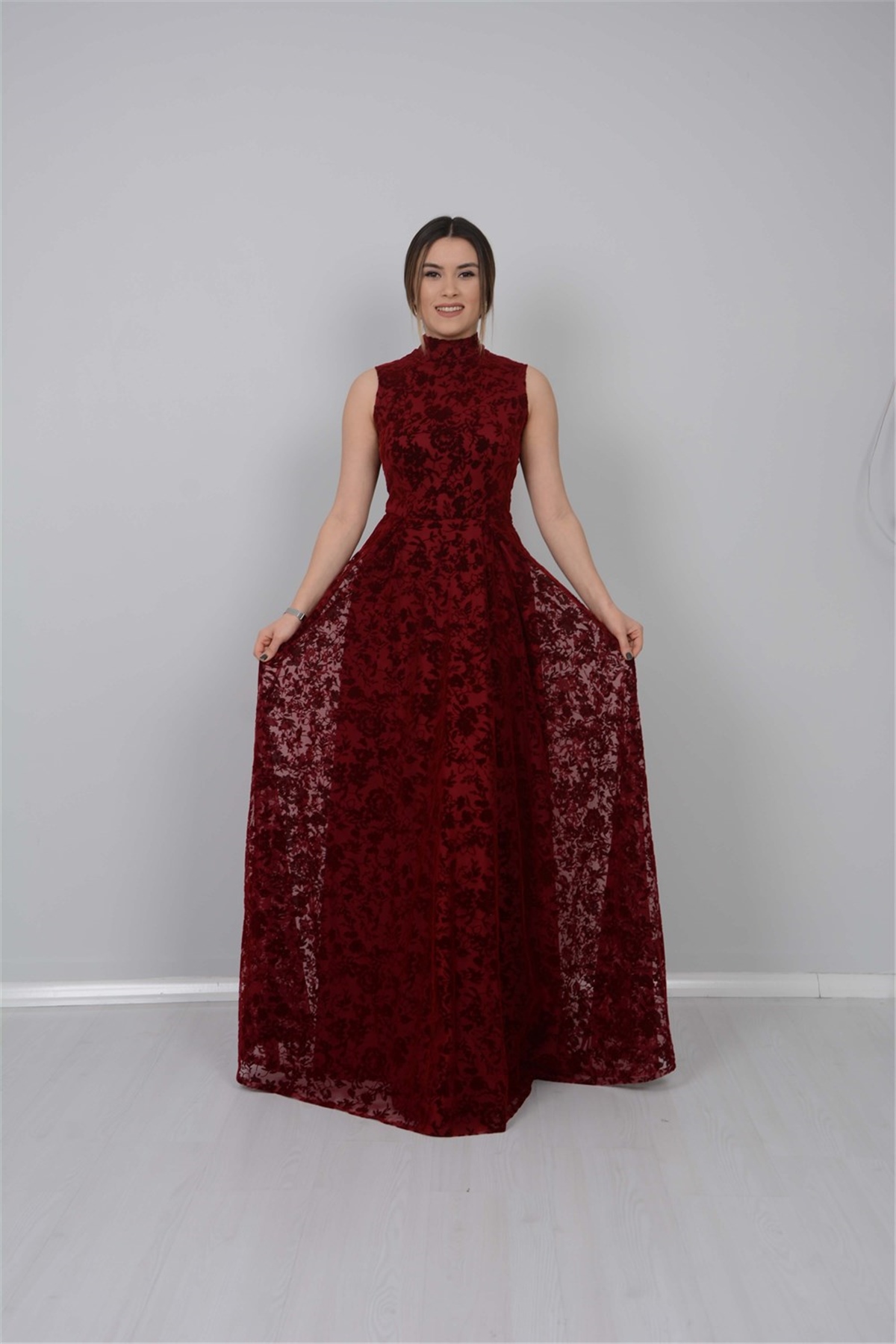 Flok Baskı Dantel Abiye Elbise - Bordo