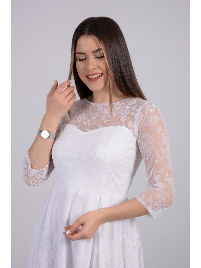 Flok Baskı Dantel Elbise - BEYAZ