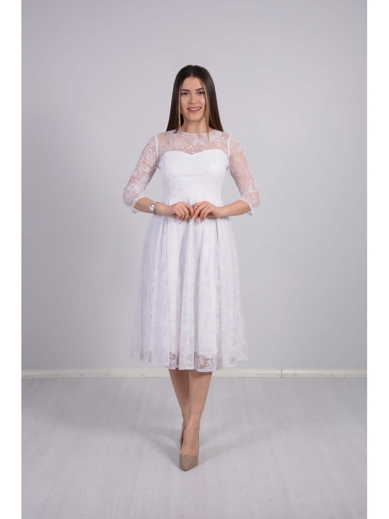 Flok Baskı Dantel Elbise - BEYAZ