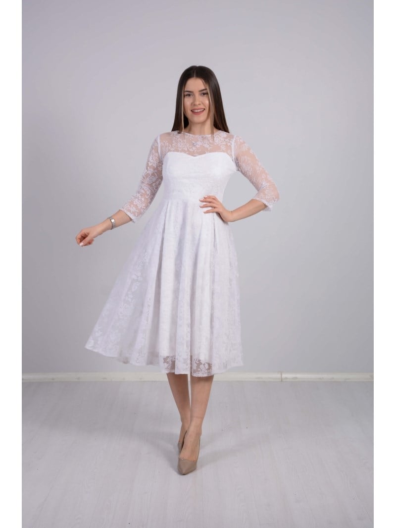 Flok Baskı Dantel Elbise - BEYAZ