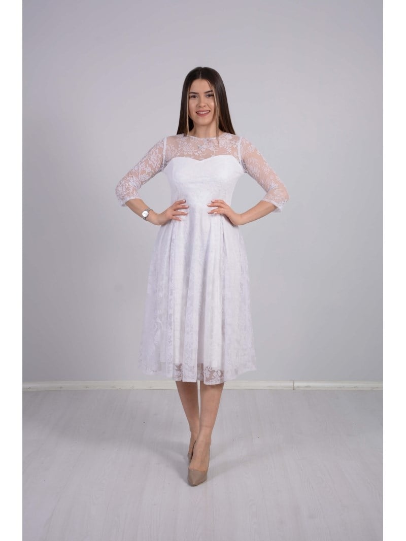 Flok Baskı Dantel Elbise - BEYAZ