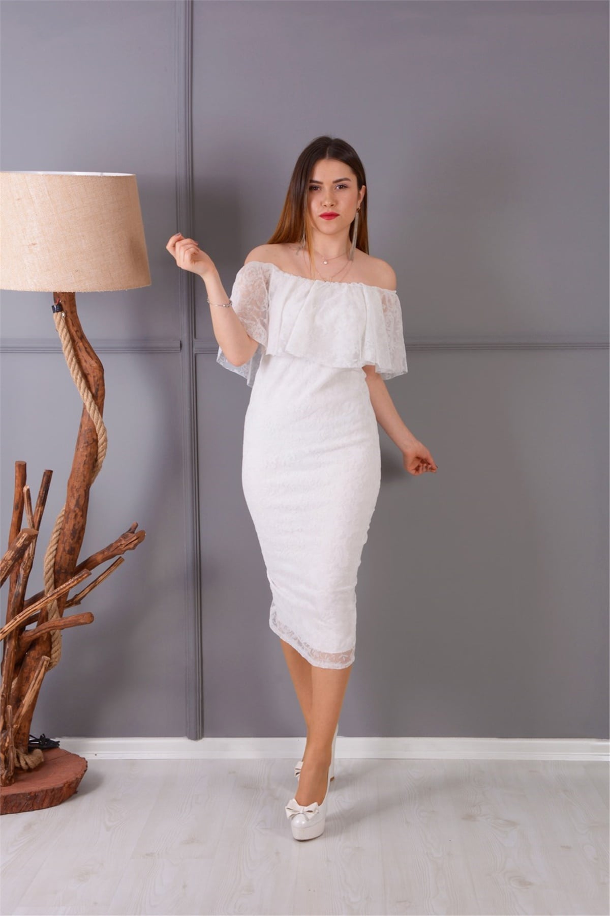 Flok Baskı Dantel Elbise - Beyaz