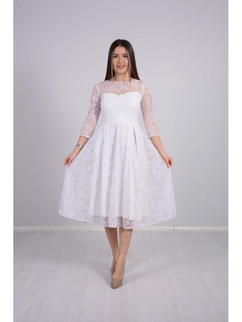 Flok Baskı Dantel Elbise - BEYAZ