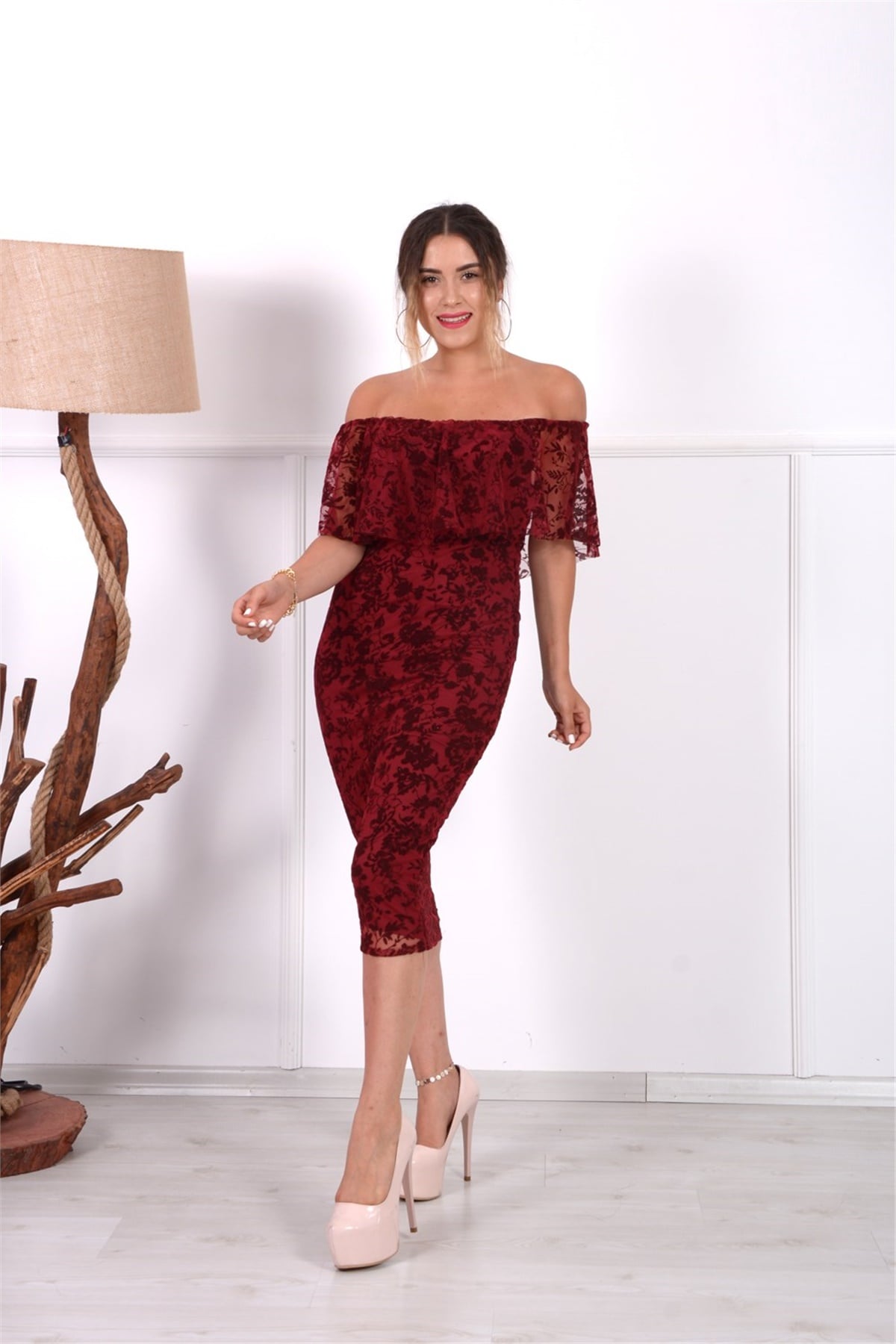 Flok Baskı Dantel Elbise - Bordo