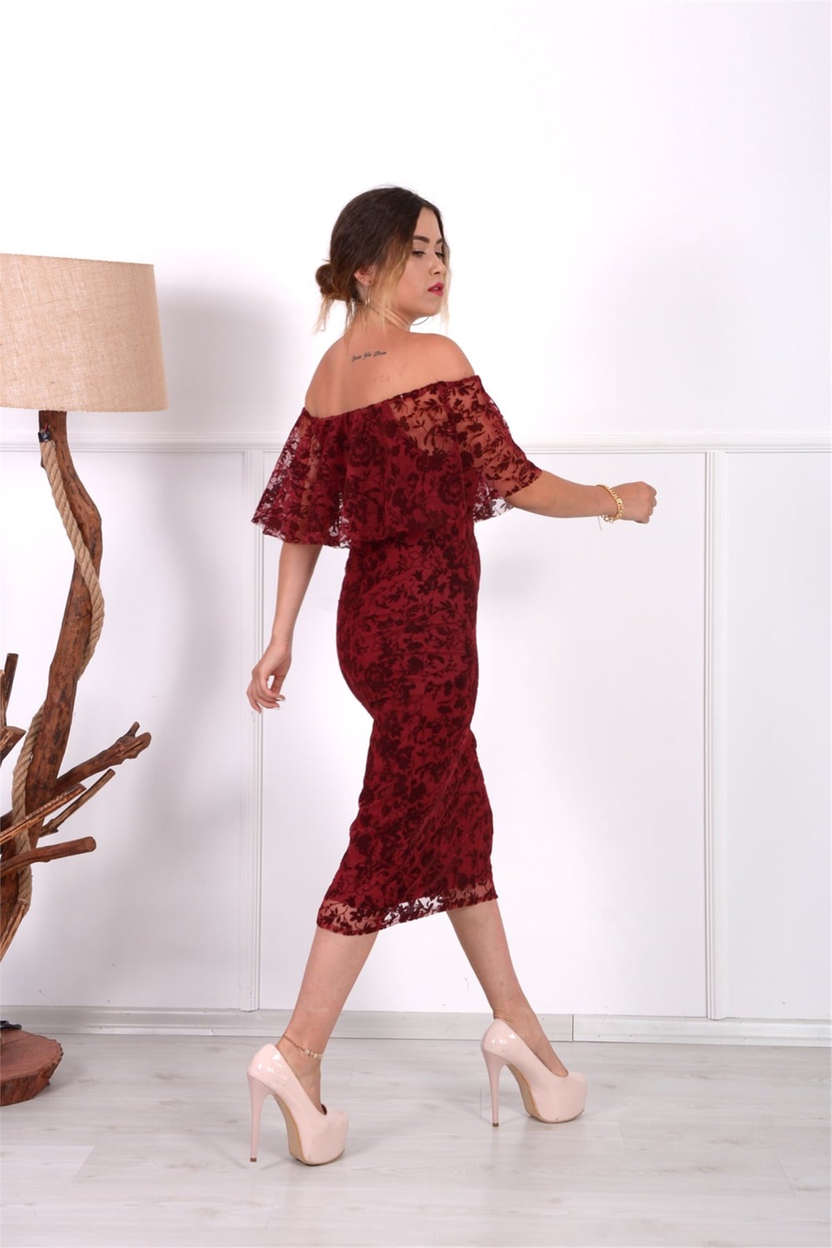 Flok Baskı Dantel Elbise - Bordo