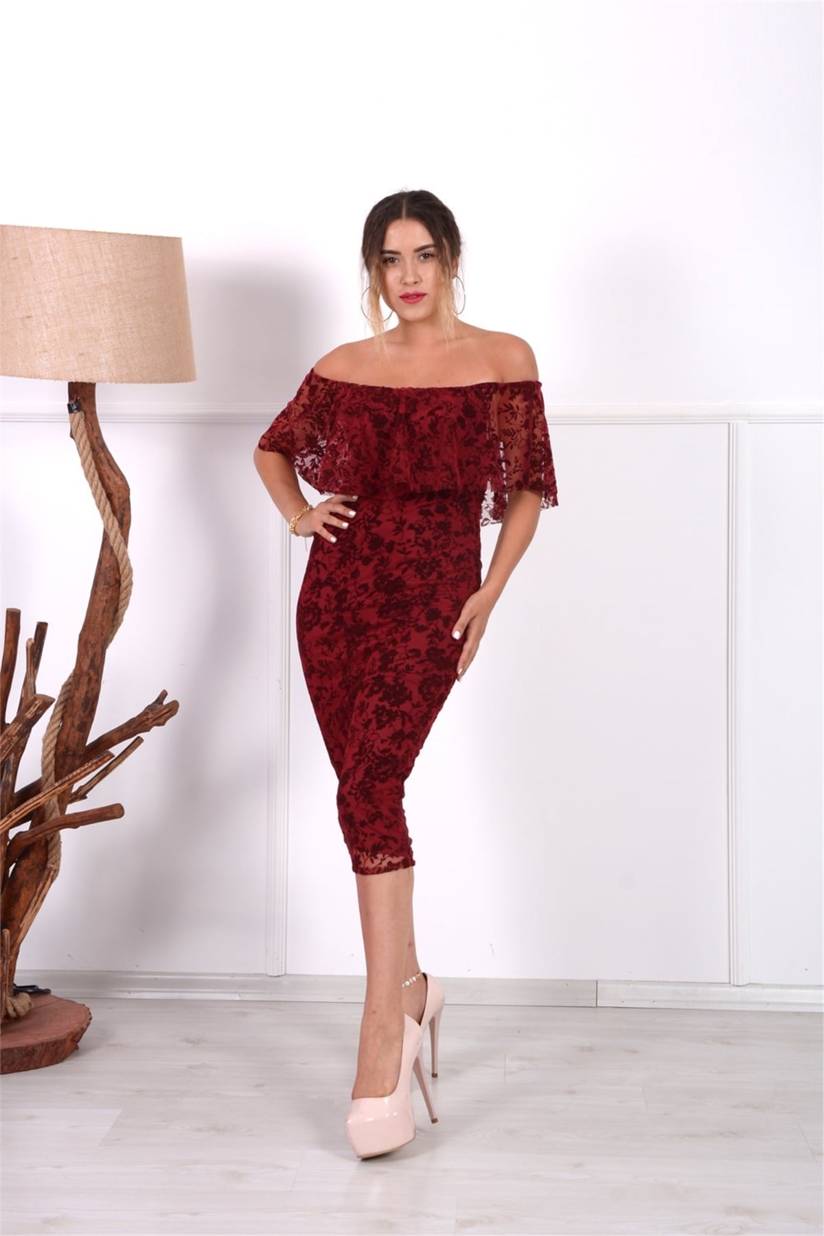 Flok Baskı Dantel Elbise - Bordo