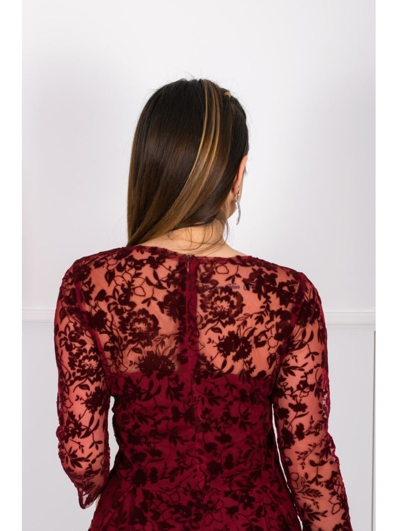 Flok Baskı Dantel Elbise - BORDO