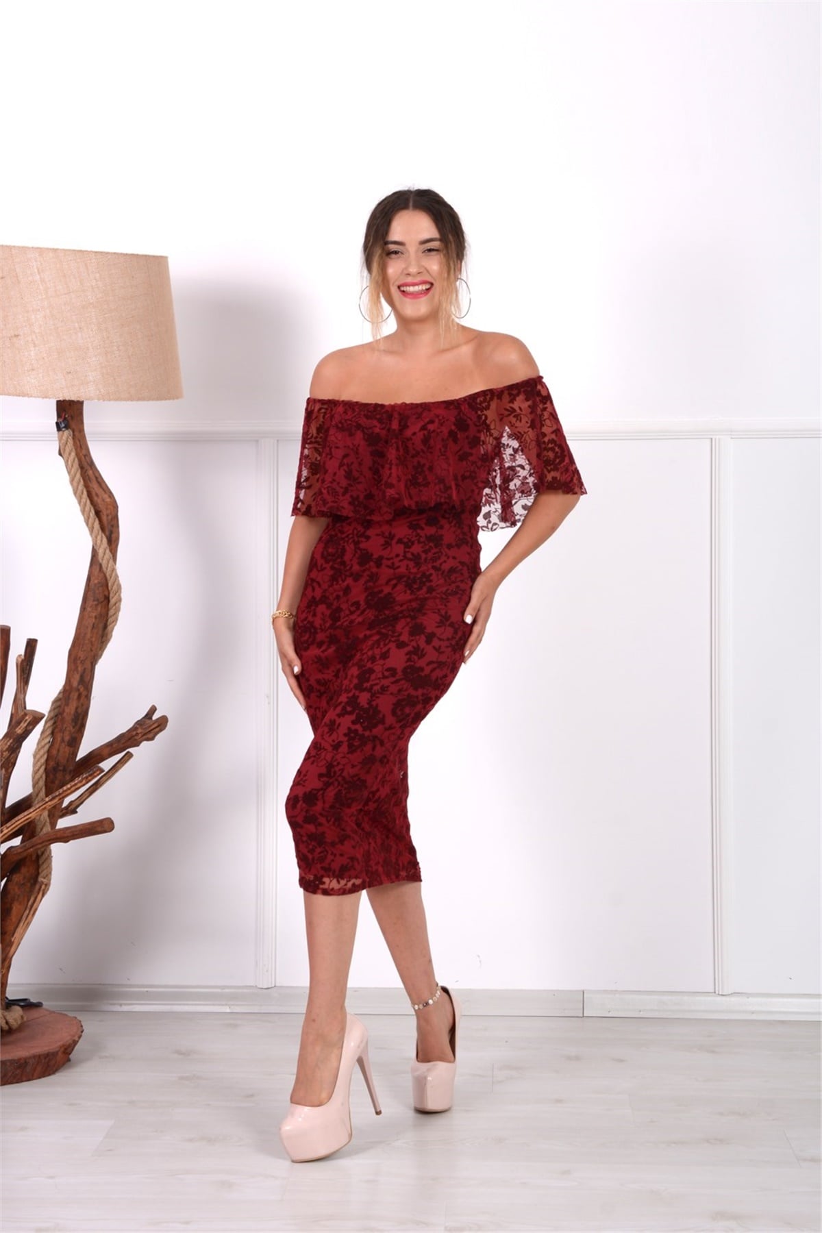 Flok Baskı Dantel Elbise - Bordo
