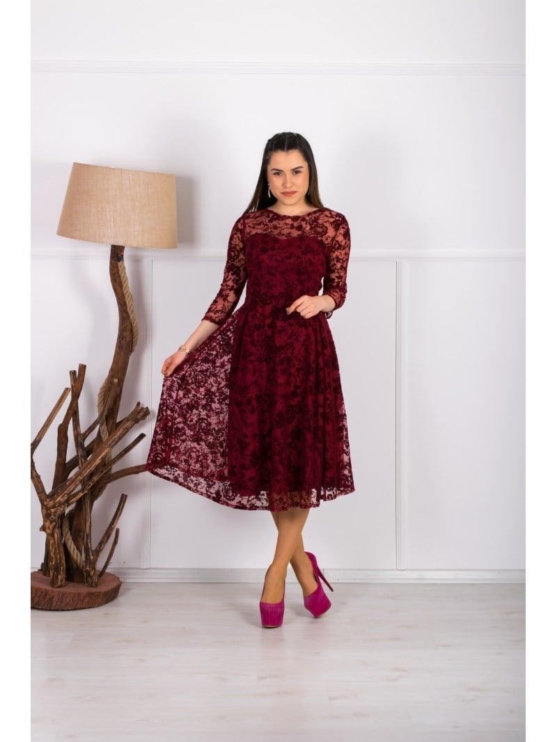 Flok Baskı Dantel Elbise - BORDO