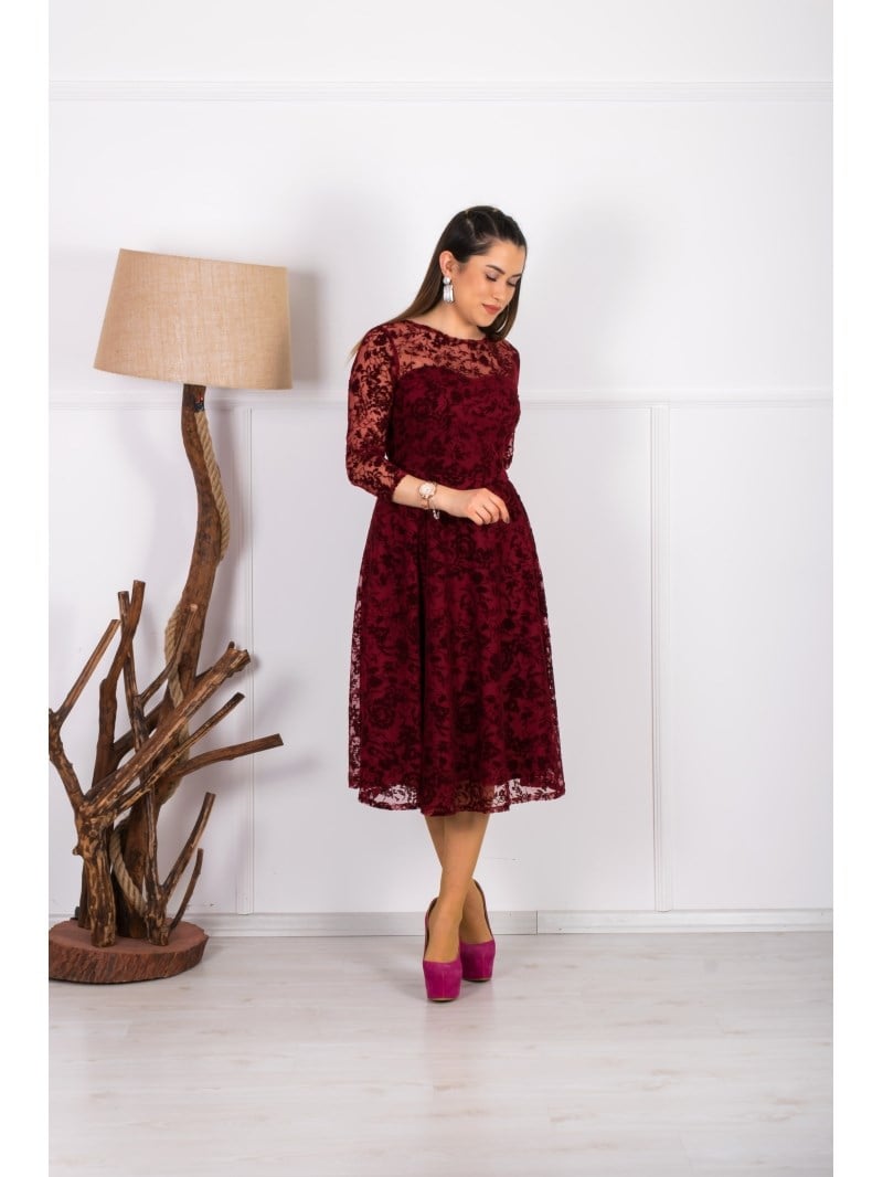 Flok Baskı Dantel Elbise - BORDO