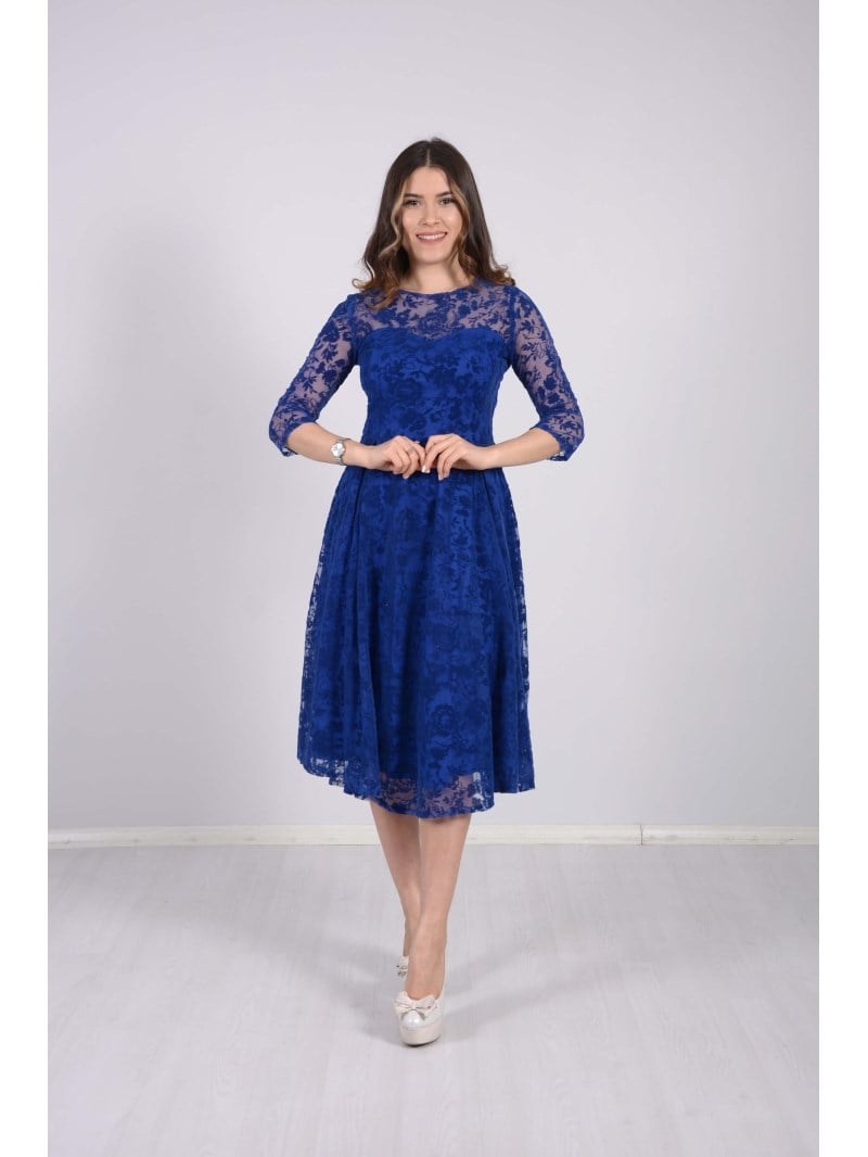 Flok Baskı Dantel Elbise - SAKS MAVİ