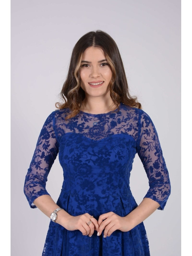 Flok Baskı Dantel Elbise - SAKS MAVİ