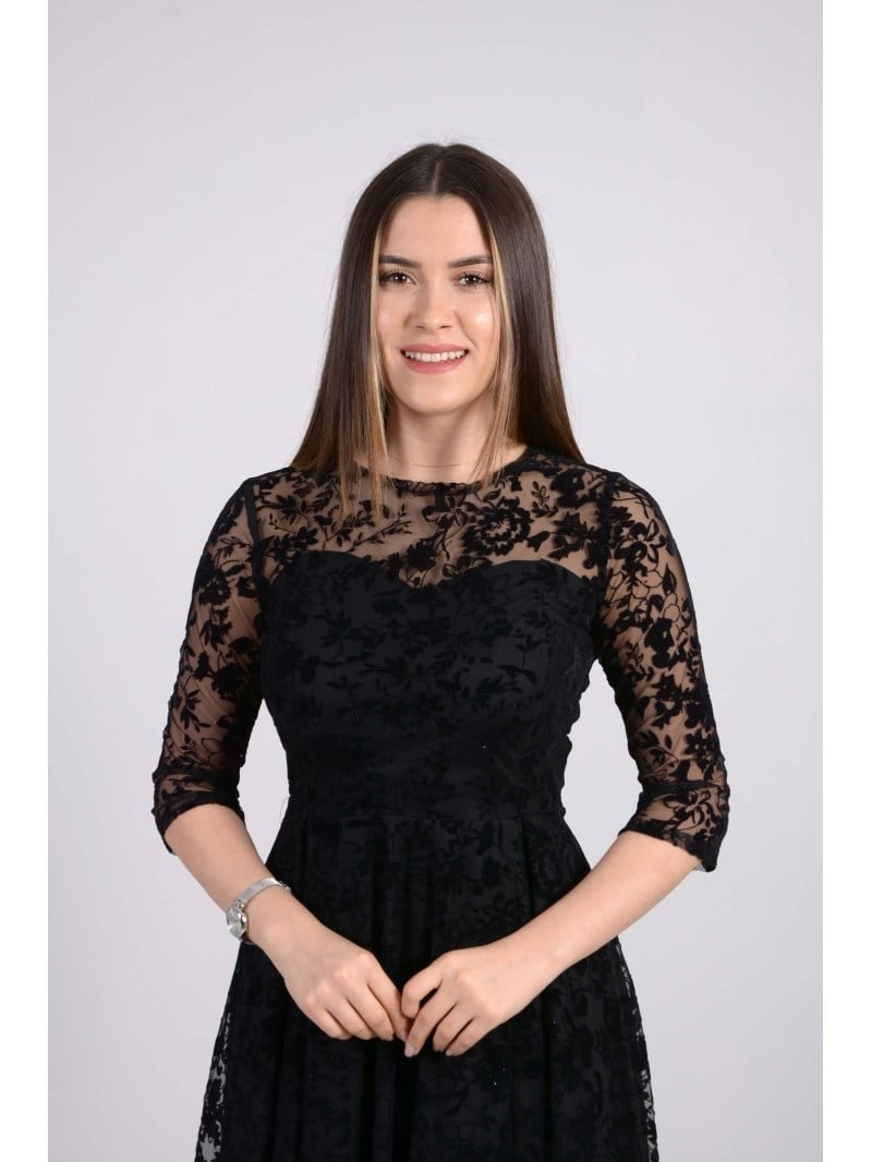 Flok Baskı Dantel Elbise - SİYAH