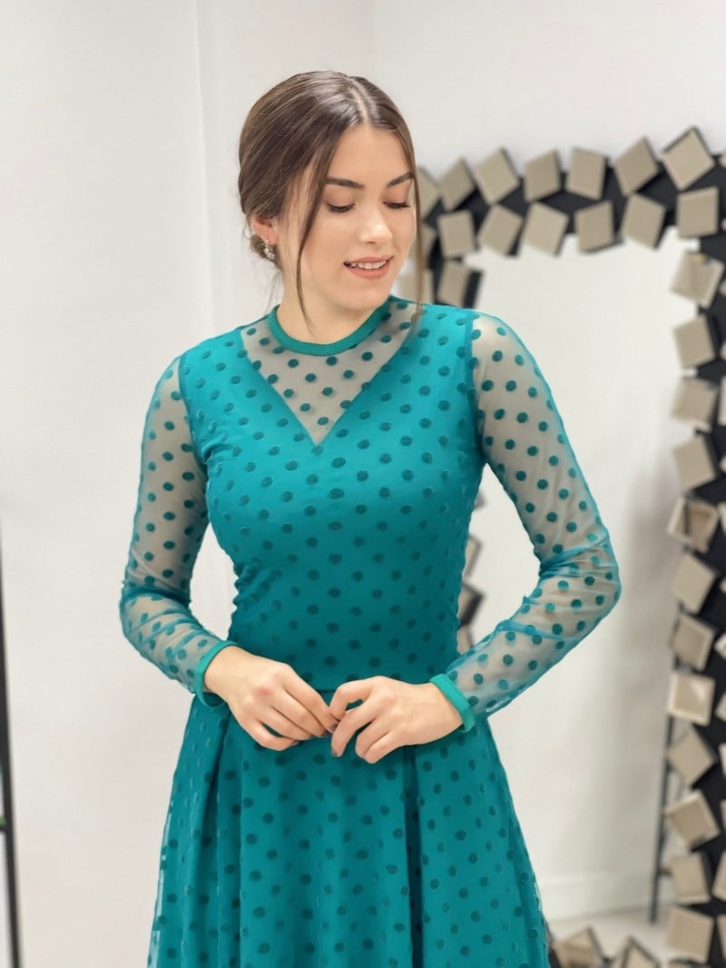 Flok Baskı Puantiye Detaylı Midi Elbise - ZÜMRÜT YEŞİL