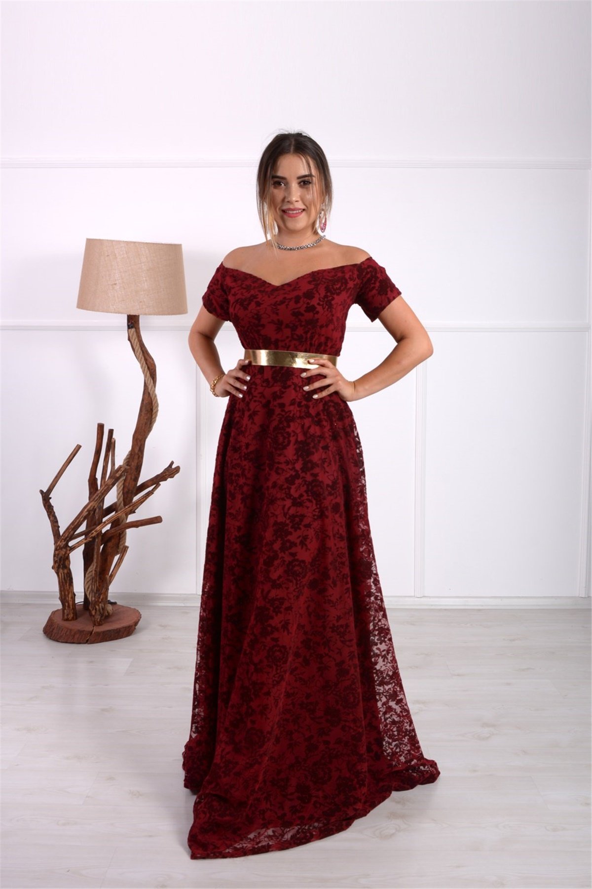 Flok Baskı Tasarım Elbise - Bordo