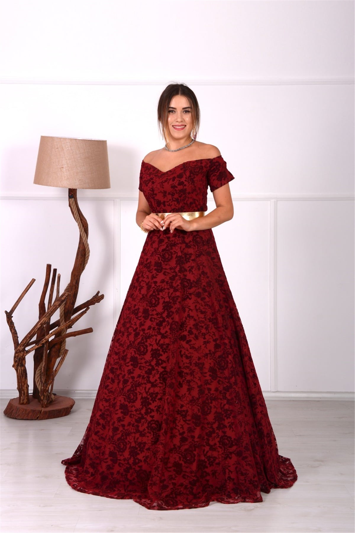 Flok Baskı Tasarım Elbise - Bordo