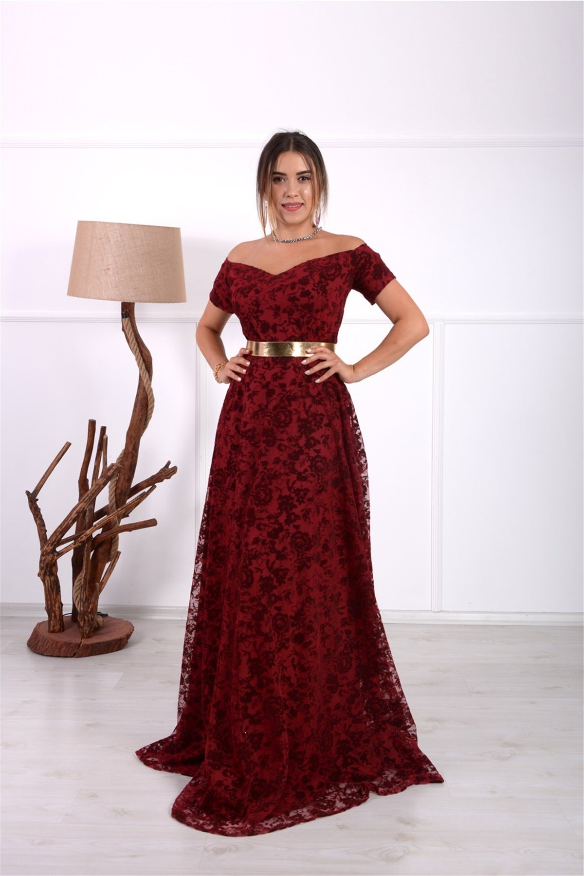 Flok Baskı Tasarım Elbise - Bordo