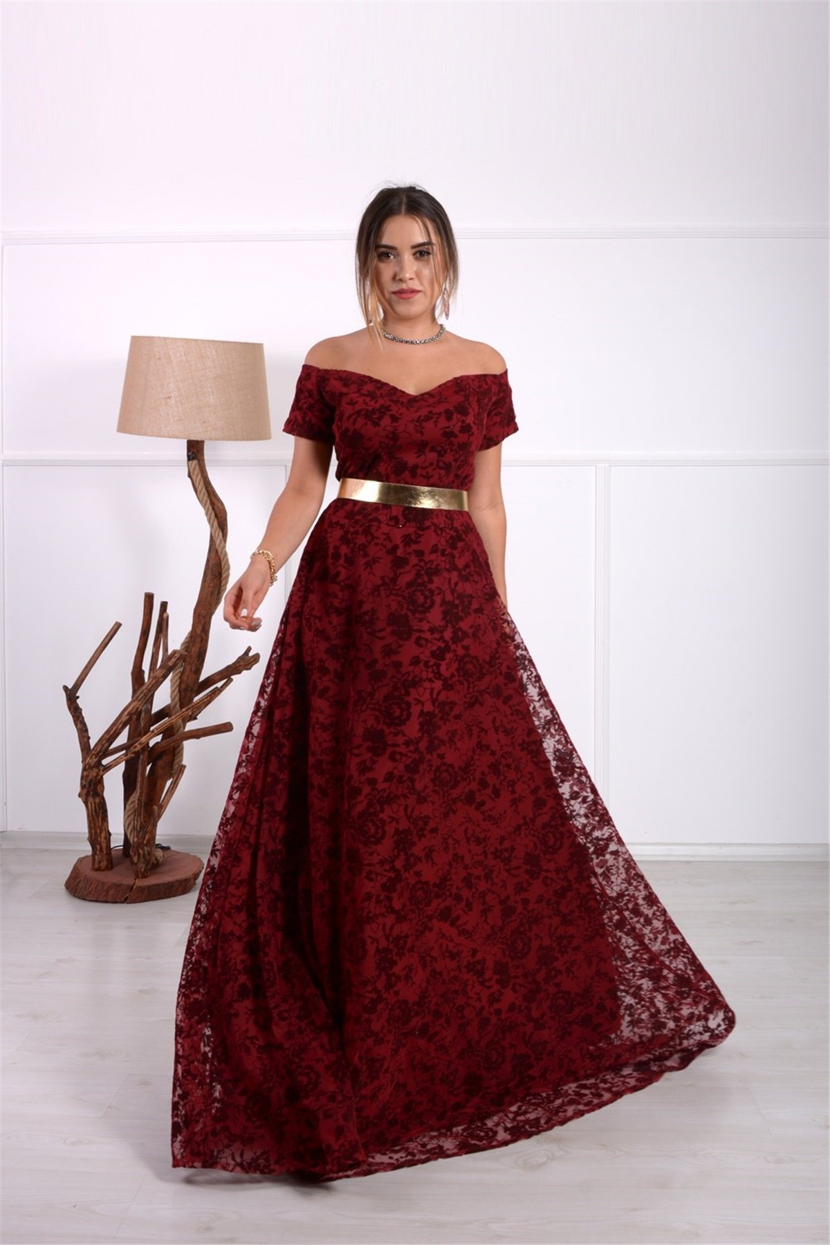 Flok Baskı Tasarım Elbise - Bordo